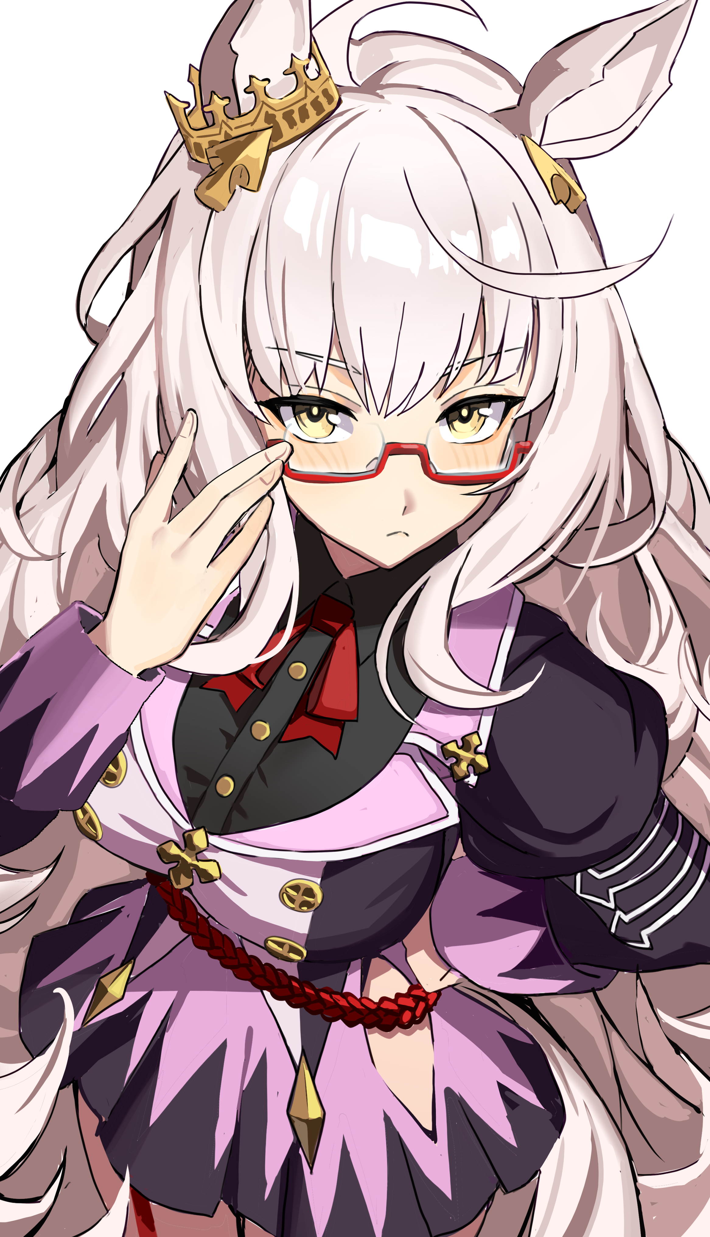 franz2543, biwa hayahide (pf. winning equation…) (umamusume), biwa hayahide (umamusume), umamusume, absurdres, commentary, highres, 1girl, ahoge, animal ears, blush, breasts, closed mouth, clothing cutout, crown, ear ornament, glasses, grey hair, hair between eyes, hip vent, horse ears, horse girl, horse tail, jacket, large breasts, long hair, long sleeves, looking at viewer, purple jacket, purple skirt, red-framed eyewear, semi-rimless eyewear, simple background, skirt, solo, tail, under-rim eyewear, white background, white hair, yellow eyes