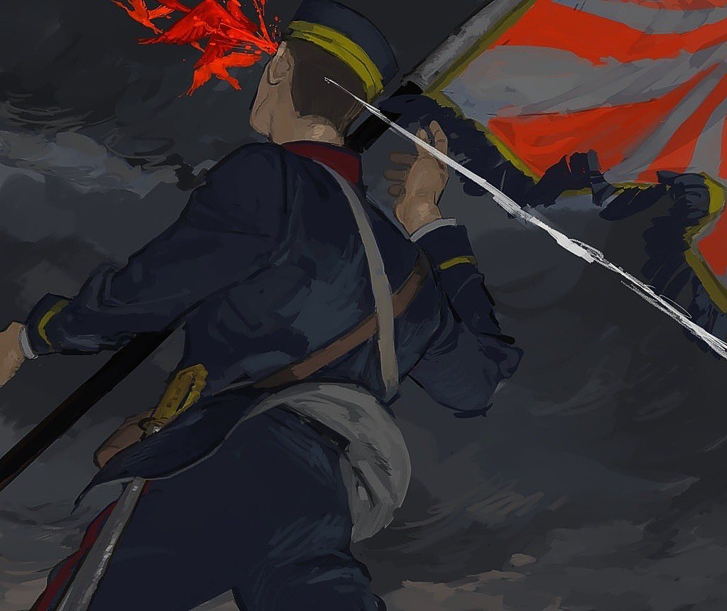 tkrkve43, hanazawa yusaku, golden kamuy, 1boy, alternate body fluid, bird, blood, blood spray, blue jacket, blue pants, brown hair, buzz cut, cowboy shot, crane (animal), day, death, dropping, facing away, flag, from behind, hat, headshot, jacket, kepi, long sleeves, male focus, military hat, military uniform, murder, overcast, pants, projectile trail, rising sun flag, saber (weapon), sheath, sheathed, short hair, shoulder strap, sky, solo, standard bearer, standing, sunburst, sword, symbolism, very short hair, weapon