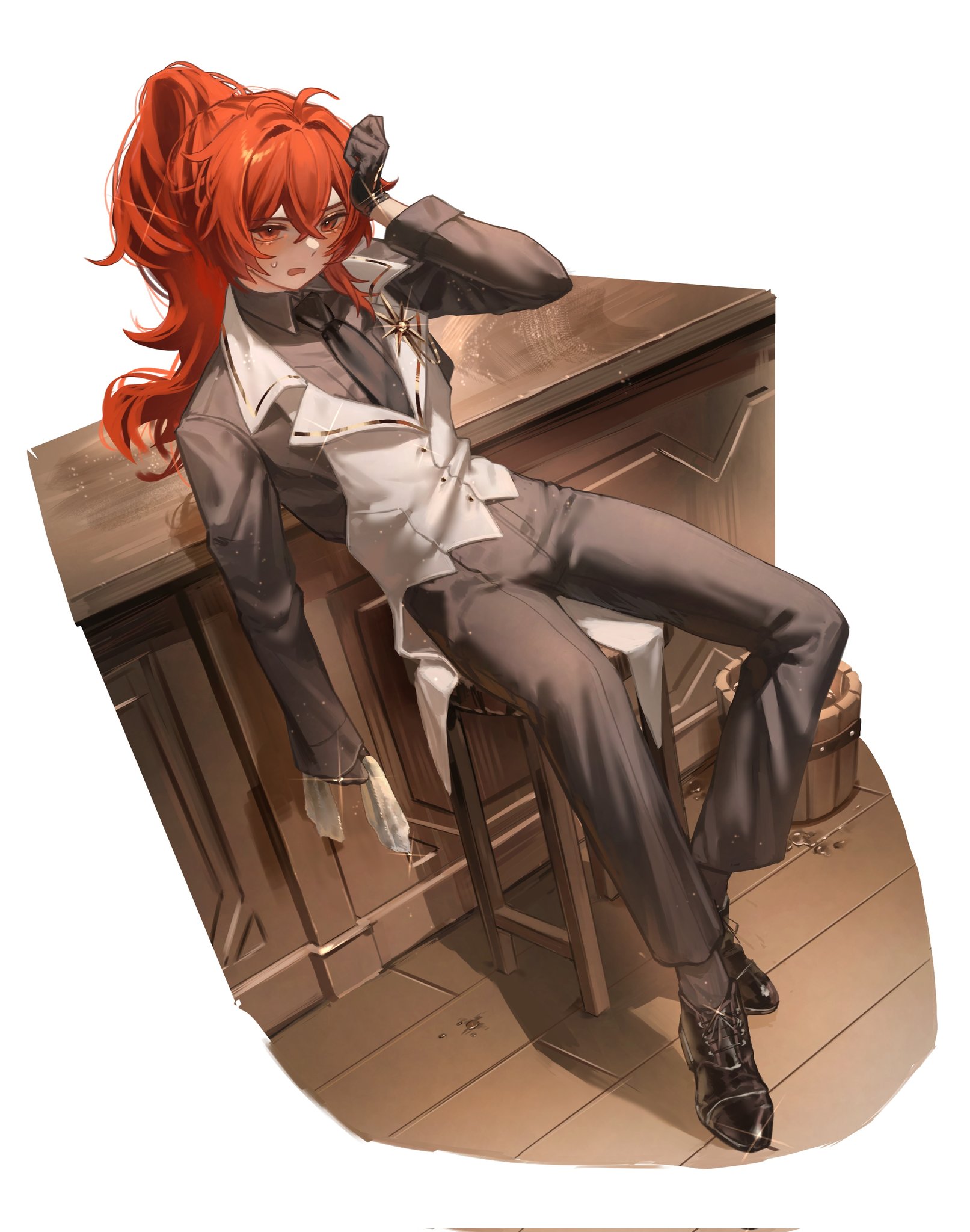 zehuij, diluc (genshin impact), genshin impact, commentary request, highres, 1boy, black gloves, black necktie, black pants, full body, gloves, hair between eyes, long hair, long sleeves, male focus, necktie, pants, ponytail, red eyes, red hair, simple background, sitting, solo, white background