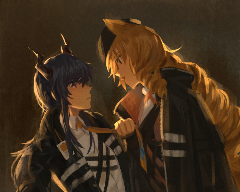 skyregalias, ch'en (arknights), swire (arknights), arknights, commentary, symbol-only commentary, 2girls, animal ears, black jacket, blonde hair, blue hair, closed mouth, collared shirt, dragon girl, dragon horns, drill hair, drill sidelocks, hair between eyes, hat, holding necktie, horns, jacket, long hair, looking at another, multiple girls, necktie, orange necktie, parted lips, red eyes, shirt, side drill, sidelocks, tiger ears, tiger girl, upper body, white shirt