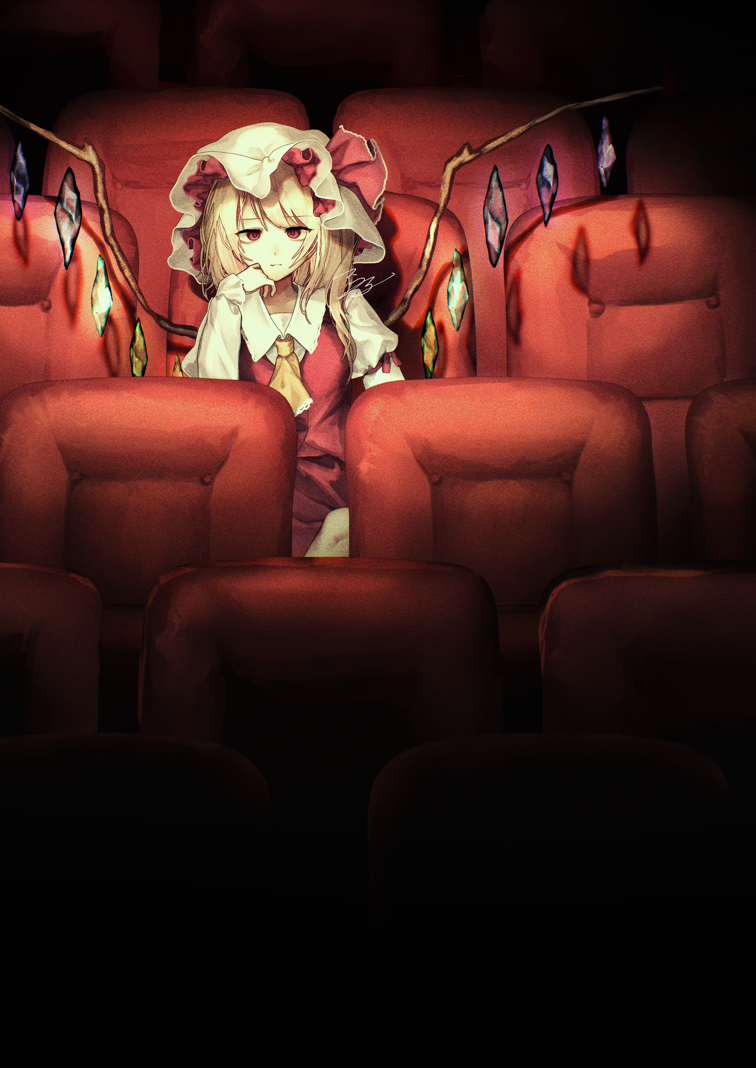 t terano, flandre scarlet, touhou, absurdres, commentary, highres, 1girl, :|, ascot, blonde hair, bored, closed mouth, crystal, crystal wings, dark foreground, hand up, hat, hat ribbon, long hair, long sleeves, looking at viewer, mob cap, movie theater, multicolored wings, one side up, puffy sleeves, red eyes, red ribbon, red skirt, red vest, ribbon, shadow, side ponytail, signature, sitting, skirt, skirt set, solo, theater seating, vest, white hat, wings, yellow ascot