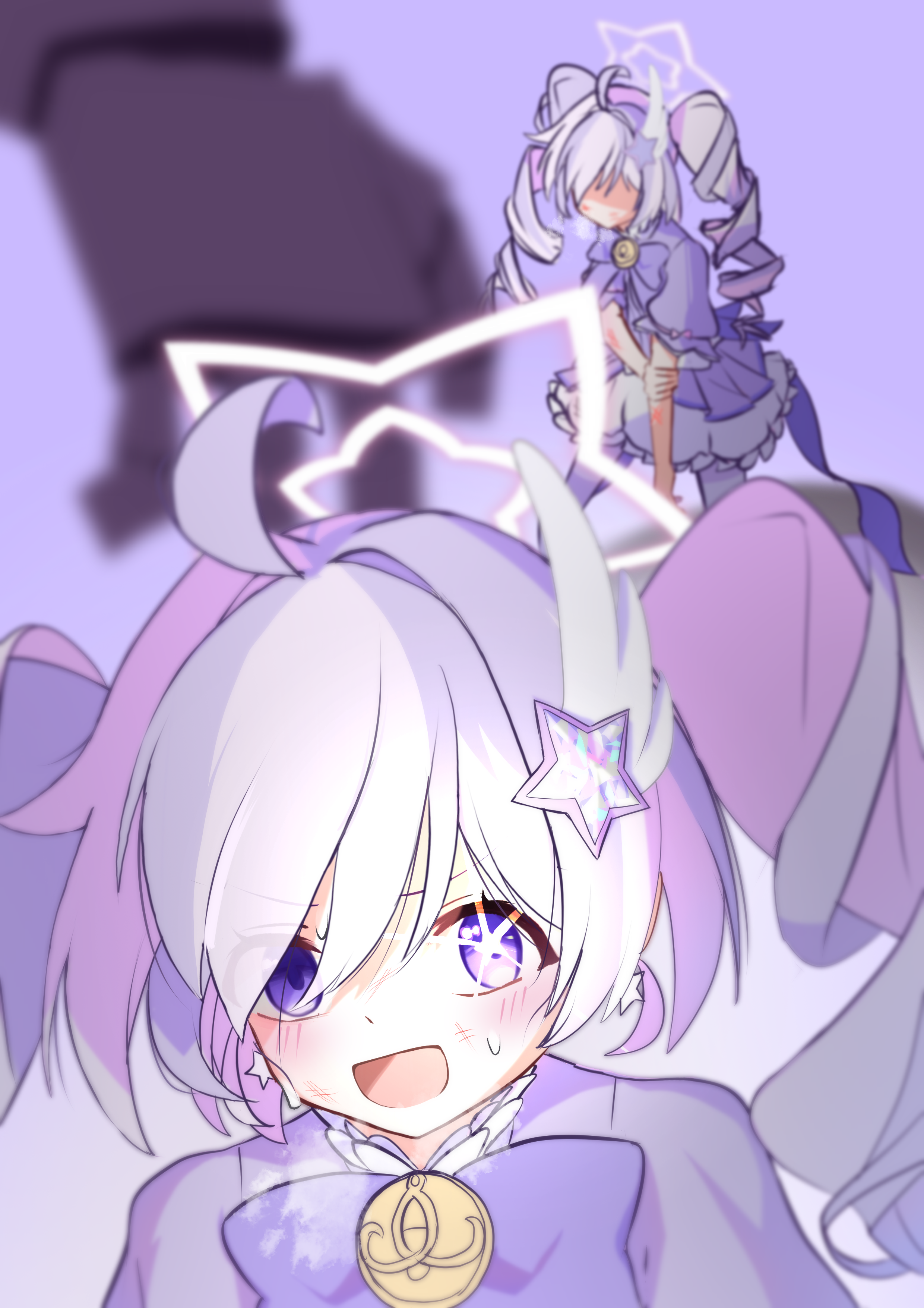 reisa (blue archive), reisa (magical) (blue archive), blue archive, absurdres, highres, 1girl, :d, bow, caffeinesonsari, exhausted, hair ornament, halo, heavy breathing, holding own arm, long hair, looking at viewer, magical girl, multicolored hair, open mouth, puffy short sleeves, puffy sleeves, purple bow, purple eyes, purple hair, short sleeves, smile, star (symbol), star hair ornament, yesod (blue archive)
