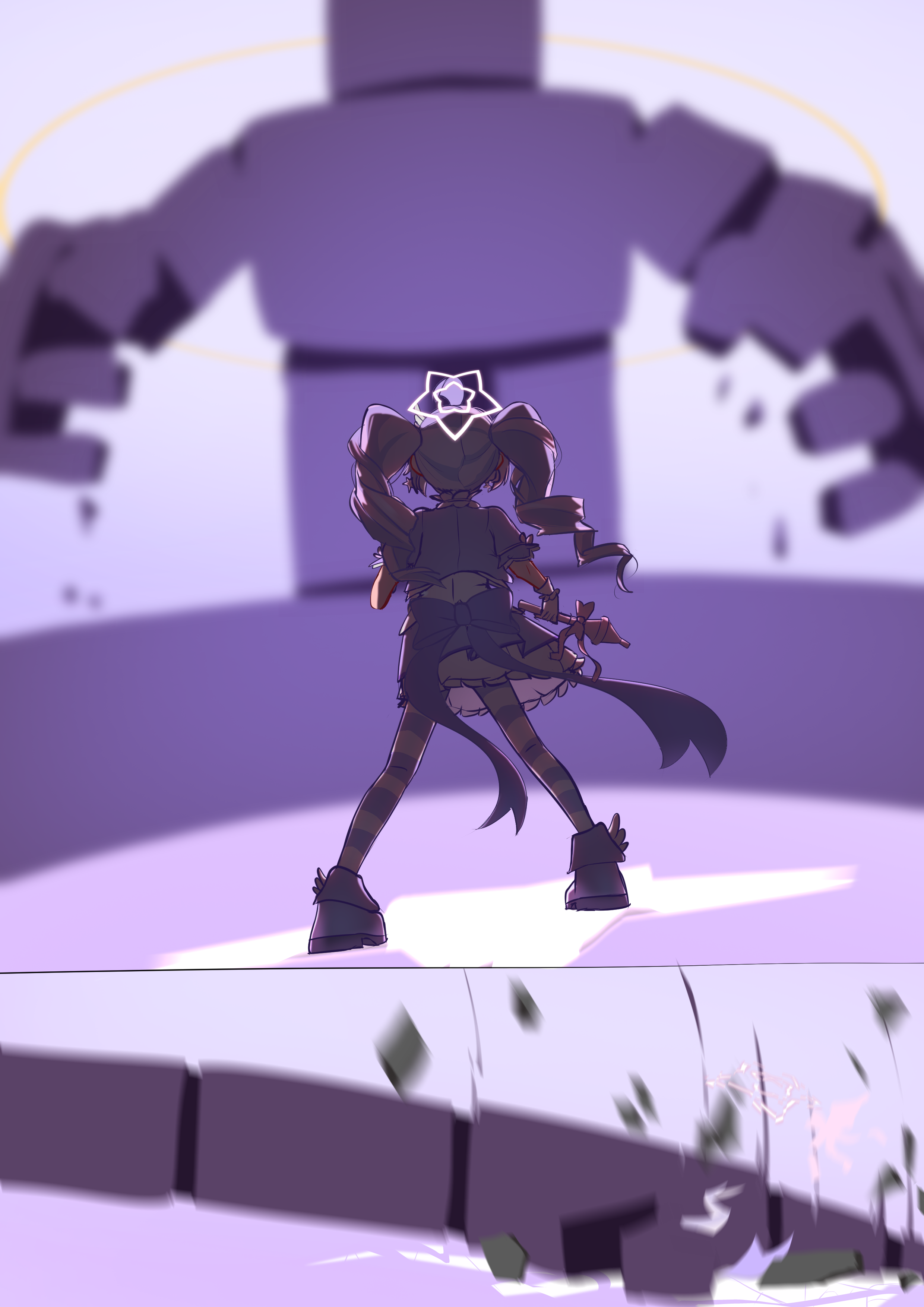 reisa (blue archive), reisa (magical) (blue archive), blue archive, absurdres, highres, 1girl, back bow, bow, broken halo, caffeinesonsari, death, defeat, drill hair, from behind, full body, gloves, halo, holding, holding weapon, magical girl, pantyhose, purple bow, short sleeves, star halo, striped clothes, striped pantyhose, twin drills, twintails, weapon, yesod (blue archive)