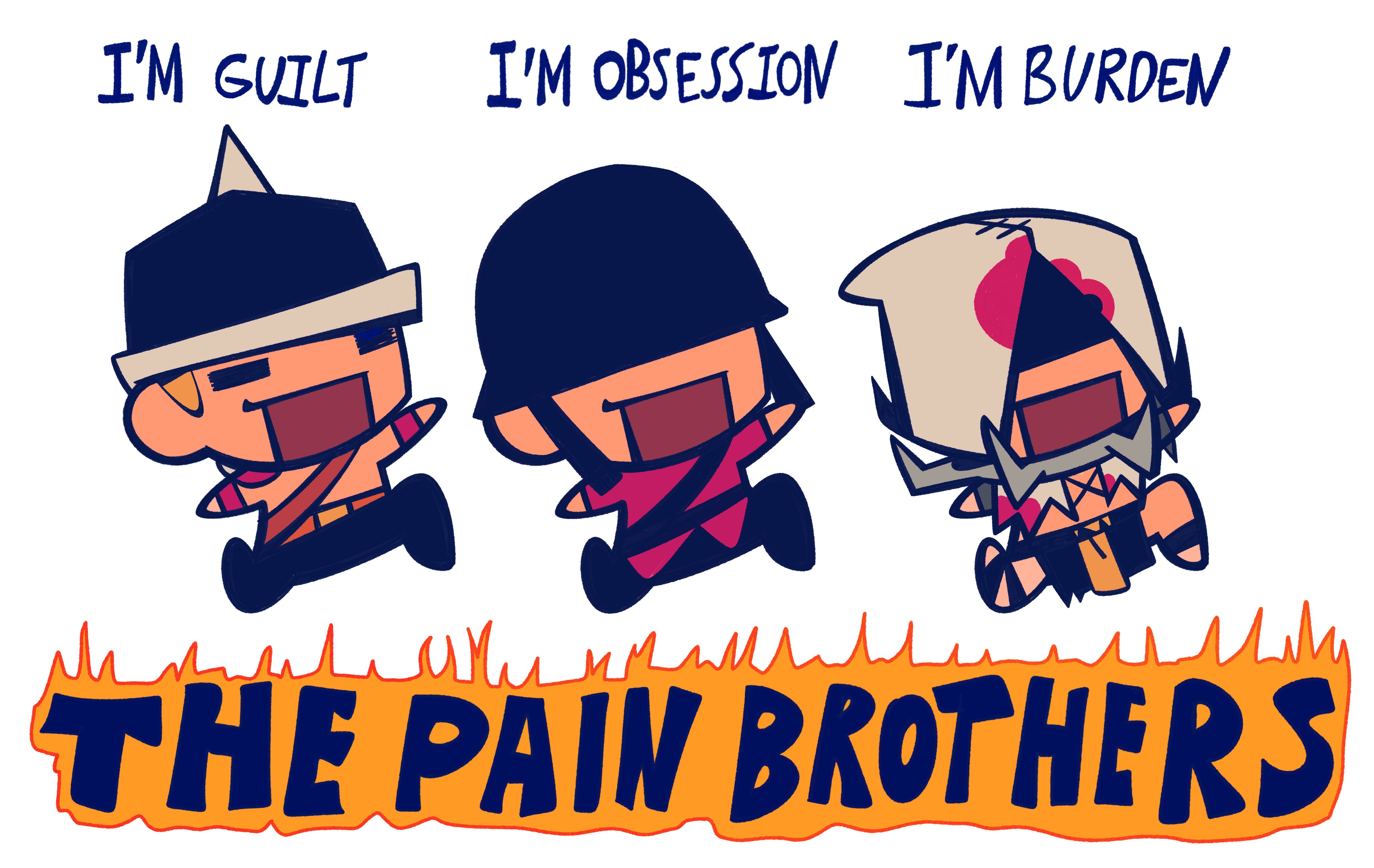 flagellant (darkest dungeon), red soldier (tf2), soldier (tf2), darkest dungeon, lisa (series), team fortress 2, absurdres, character request, highres, 3boys, blonde hair, buzzo (lisa), chibi, collar, combat helmet, constantinnenn, english text, hat, helmet, hood, m1 helmet, multiple boys, open mouth, short hair, spiked collar, spikes