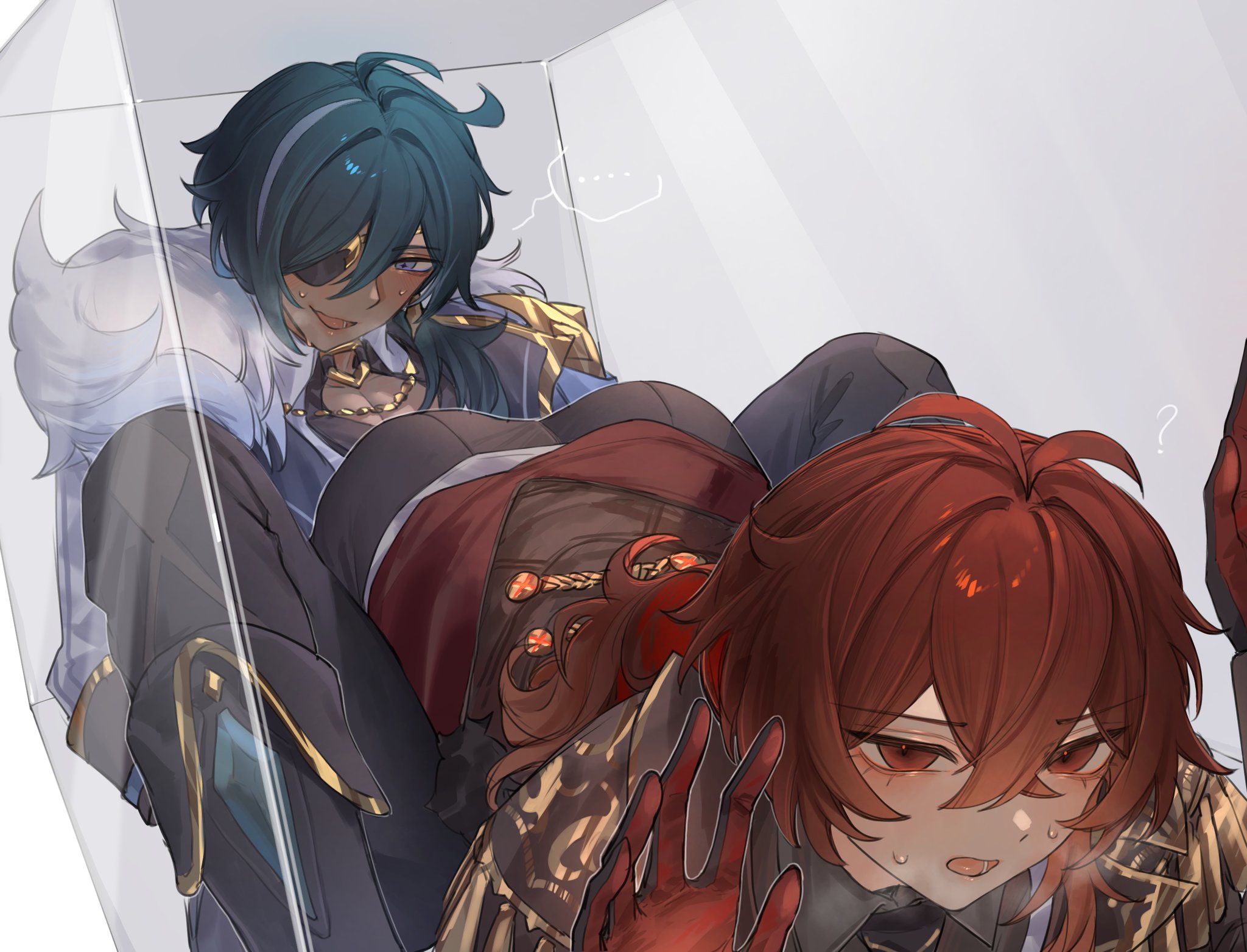 zehuij, diluc (genshin impact), kaeya (genshin impact), genshin impact, highres, …, 2boys, ass, blue hair, box, dark-skinned male, dark skin, eyepatch, gloves, hair between eyes, in box, in container, inseki, long hair, looking at ass, male focus, multiple boys, open mouth, red eyes, red hair, spoken ellipsis, trapped, yaoi