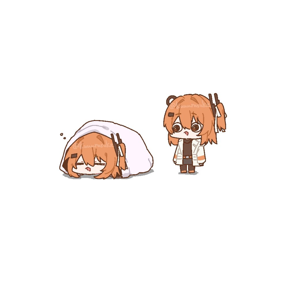 kurusuke (kurumi), adachi rei, a.i. voice, utau, 2girls, chibi, chibi only, clone, closed eyes, jacket, looking at another, lying, multiple girls, one side up, open clothes, open jacket, open mouth, orange hair, simple background, sleeping, under covers, white background, white jacket