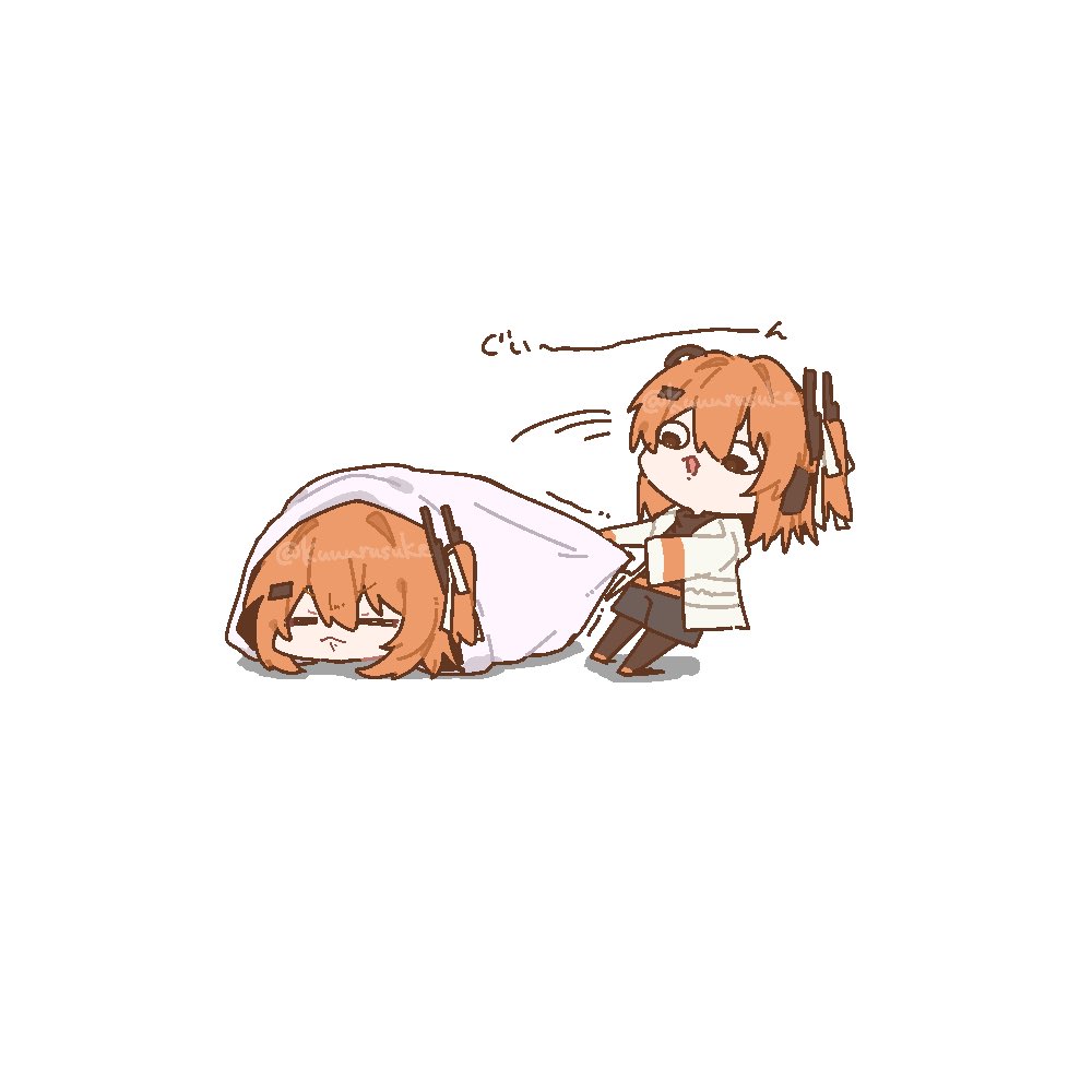 kurusuke (kurumi), adachi rei, a.i. voice, utau, 2girls, chibi, chibi only, clone, closed eyes, closed mouth, jacket, looking at another, lying, multiple girls, one side up, open clothes, open jacket, open mouth, orange hair, pulling, simple background, sleeping, under covers, waking another, white background, white jacket