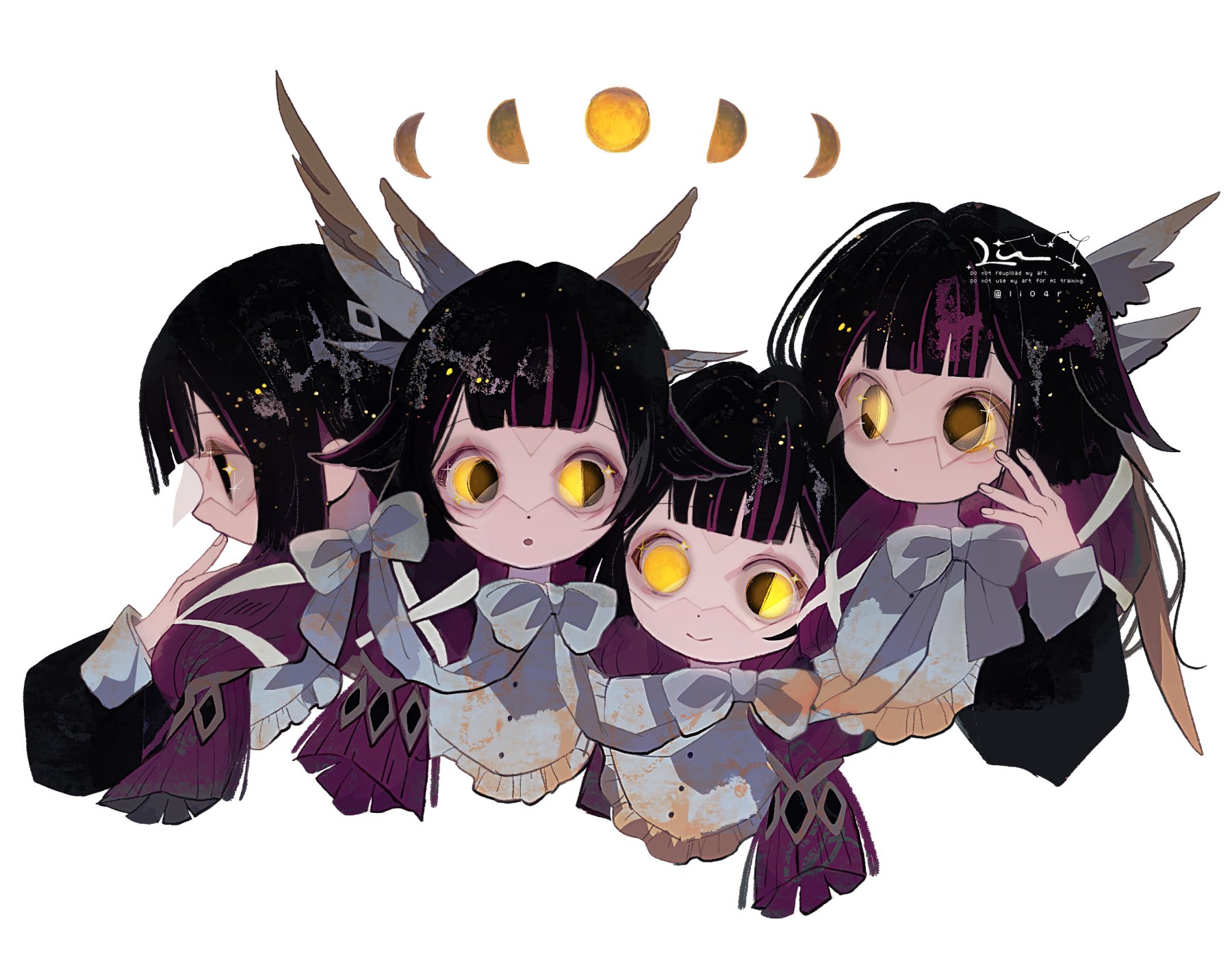 li04r, columbina (genshin impact), genshin impact, commentary, english commentary, highres, 4girls, arm up, black hair, blunt bangs, bow, closed mouth, cropped shoulders, dot mouth, dot nose, full moon, head wings, long sleeves, mismatched eyes, moon, moon phases, multicolored hair, multiple girls, open mouth, purple hair, ribbon, simple background, sleeve cuffs, smile, watermark, white background, white ribbon, wings