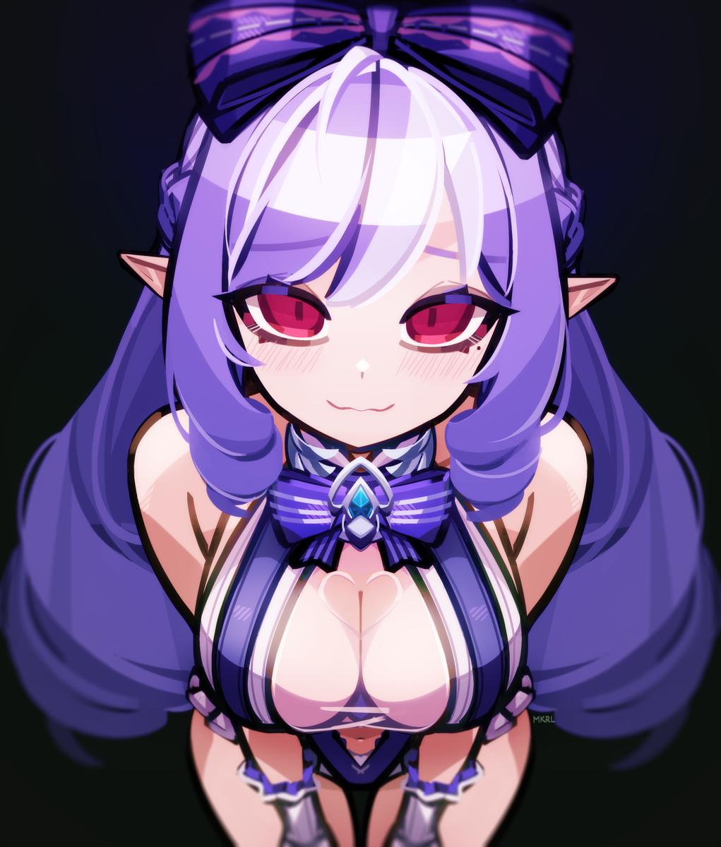 makaroll, vivian banshee, vivian banshee (iris of the shore), zenless zone zero, commentary request, highres, 1girl, :3, black background, blush, bow, breasts, cleavage, closed mouth, gloves, hair bow, large breasts, long hair, looking at viewer, mole, mole under eye, multicolored hair, navel, official alternate costume, one-piece swimsuit, pointy ears, purple bow, purple hair, simple background, smile, solo, streaked hair, swimsuit, thighs, white gloves, white hair