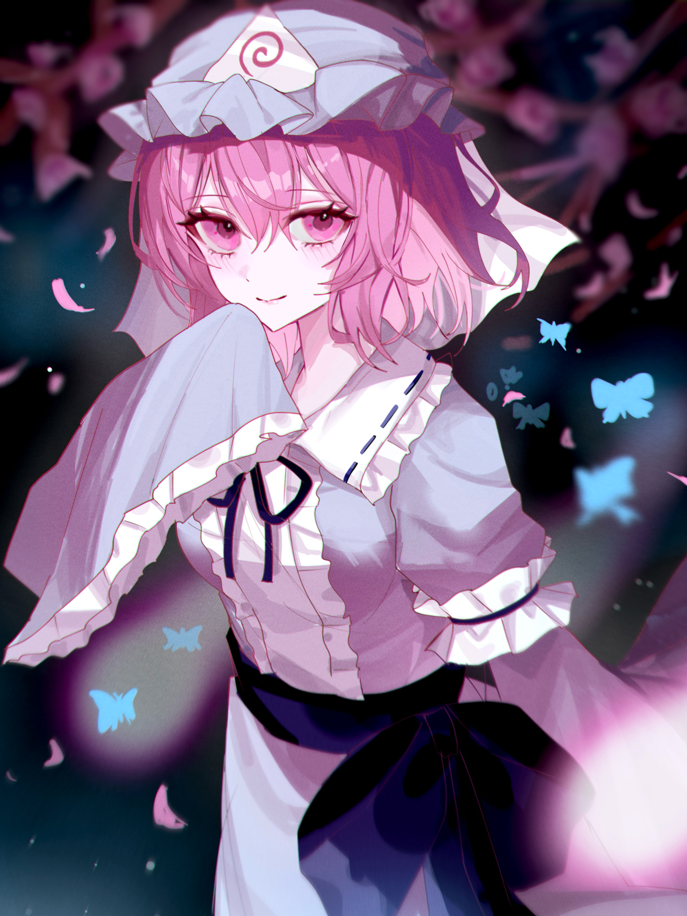 tomura amane, saigyouji yuyuko, touhou, absurdres, commentary request, highres, 1girl, blue hat, blue kimono, cherry blossoms, closed mouth, falling petals, frilled kimono, frills, hat, japanese clothes, kimono, long sleeves, looking at viewer, mob cap, neck ribbon, petals, pink eyes, pink hair, pink petals, ribbon, sleeve garter, sleeves past fingers, sleeves past wrists, smile, solo, triangular headpiece, wide sleeves