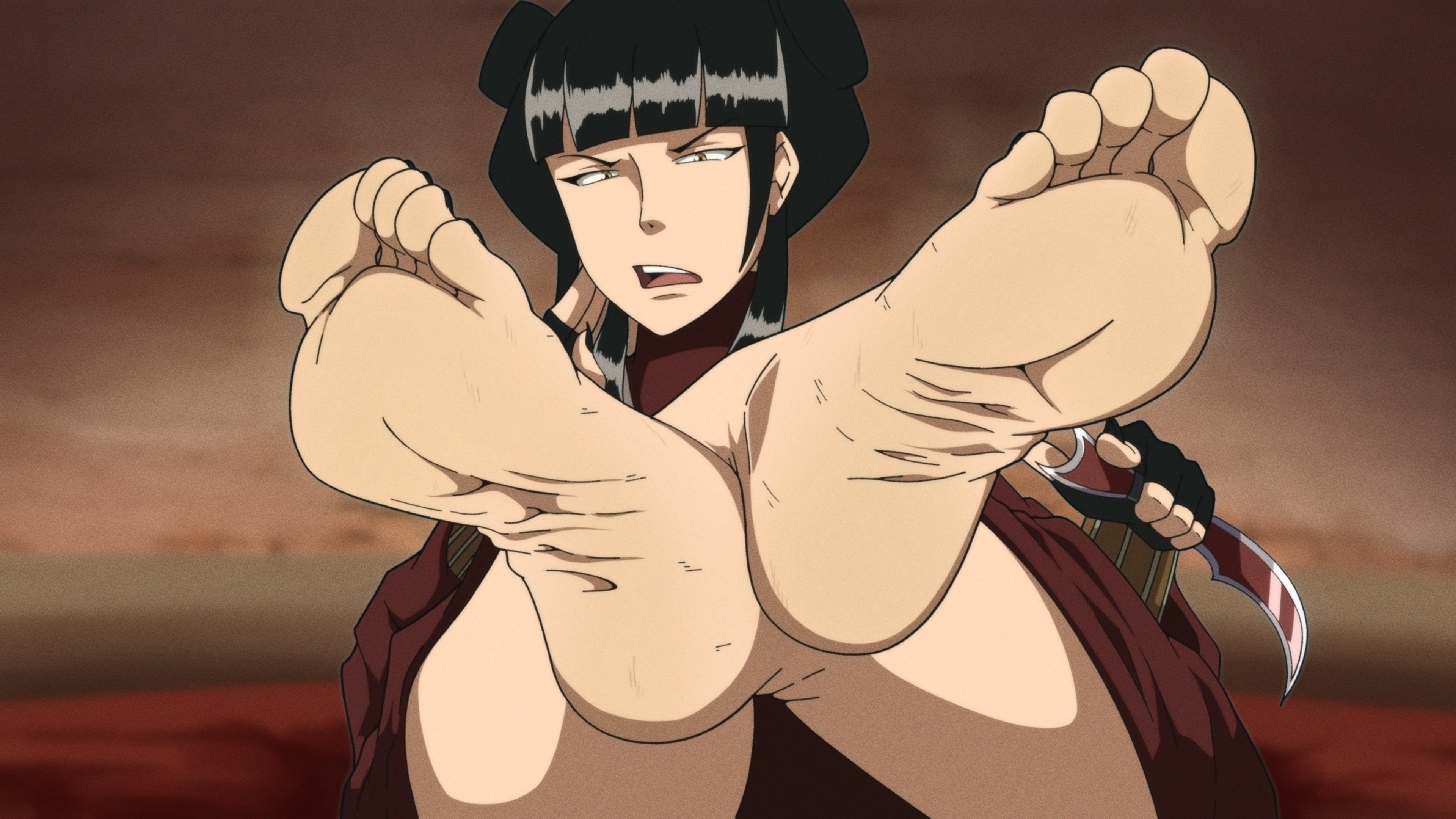 kiryu artwork, mai (avatar), avatar: the last airbender, avatar legends, absurdres, commentary, english commentary, highres, 1girl, annoyed, barefoot, black hair, black nails, blunt bangs, blurry, blurry background, double bun, feet, feet up, fingerless gloves, fingernails, foot focus, foreshortening, gloves, hair bun, holding, holding weapon, looking afar, nail polish, presenting foot, sharp fingernails, sitting, soles, solo, toes, weapon