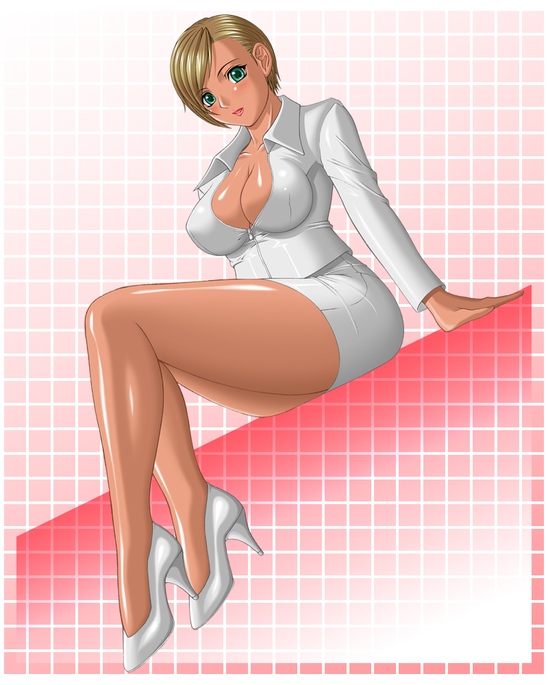 lisa hamilton, dead or alive, tecmo, breasts, dark skin, formal clothes, green eyes, high heels, large breasts, miniskirt, short hair, skirt, suit