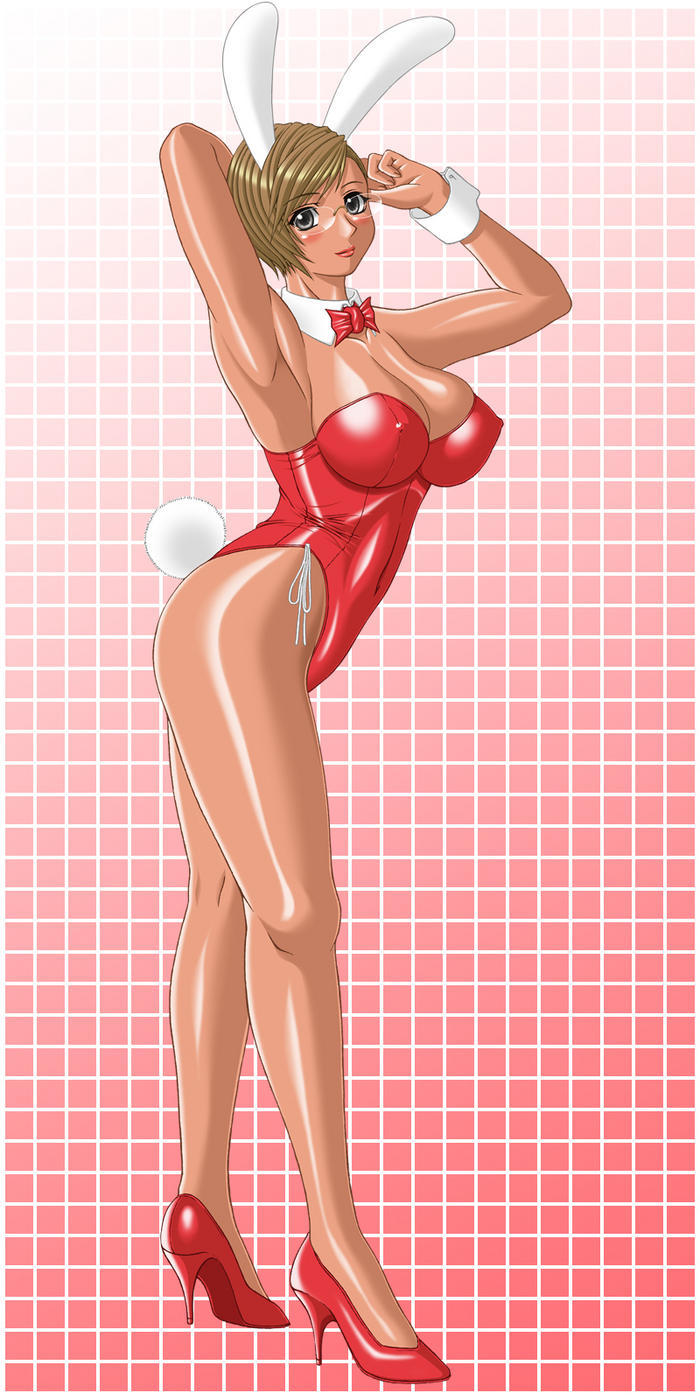 lisa hamilton, dead or alive, tecmo, highres, 1girl, animal ears, armpits, breasts, covered erect nipples, dark-skinned female, dark skin, fake animal ears, female focus, full body, glasses, high heels, playboy bunny, rabbit ears, rabbit tail, short hair, solo, tail, wrist cuffs