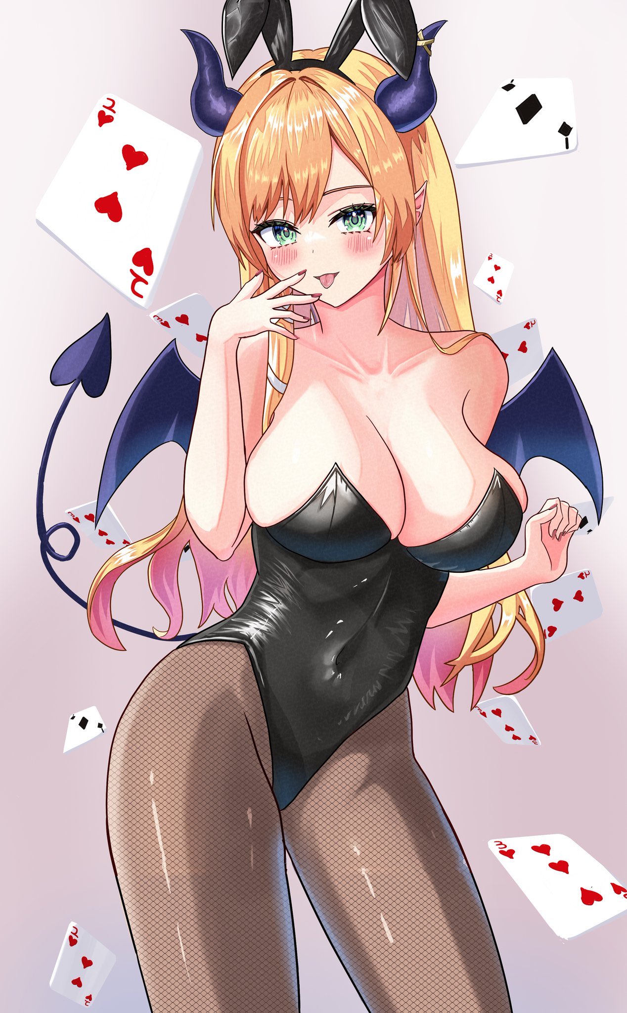 yuzuki choco, hololive, highres, 1girl, animal ears, bare shoulders, black horns, black leotard, black tail, black wings, blonde hair, breasts, card, cleavage, cowboy shot, demon girl, demon horns, demon tail, demon wings, fake animal ears, fishnet pantyhose, fishnets, green eyes, horns, large breasts, leotard, long hair, mizoleoekaki, pantyhose, playboy bunny, playing card, pointy ears, rabbit ears, simple background, solo, strapless, strapless leotard, tail, virtual youtuber, wings
