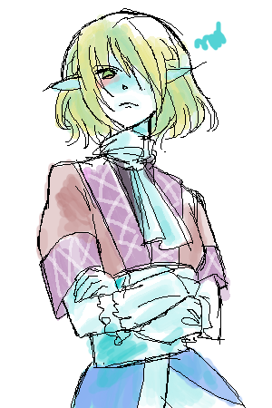 drawfag, mizuhashi parsee, touhou, lowres, 1girl, arm warmers, blonde hair, blush, brown shirt, closed mouth, crossed arms, frown, green eyes, hair over one eye, looking at viewer, looking down, oekaki, pointy ears, sash, scarf, shirt, short hair, spiral, upper body, white background, white sash, white scarf