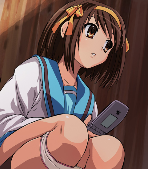 haruyama kazunori, suzumiya haruhi, suzumiya haruhi no yuuutsu, 00s, 1girl, brown eyes, brown hair, cellphone, female focus, have to pee, headband, panties, panty pull, phone, school uniform, serafuku, short hair, skirt, solo, squatting, underwear, white panties