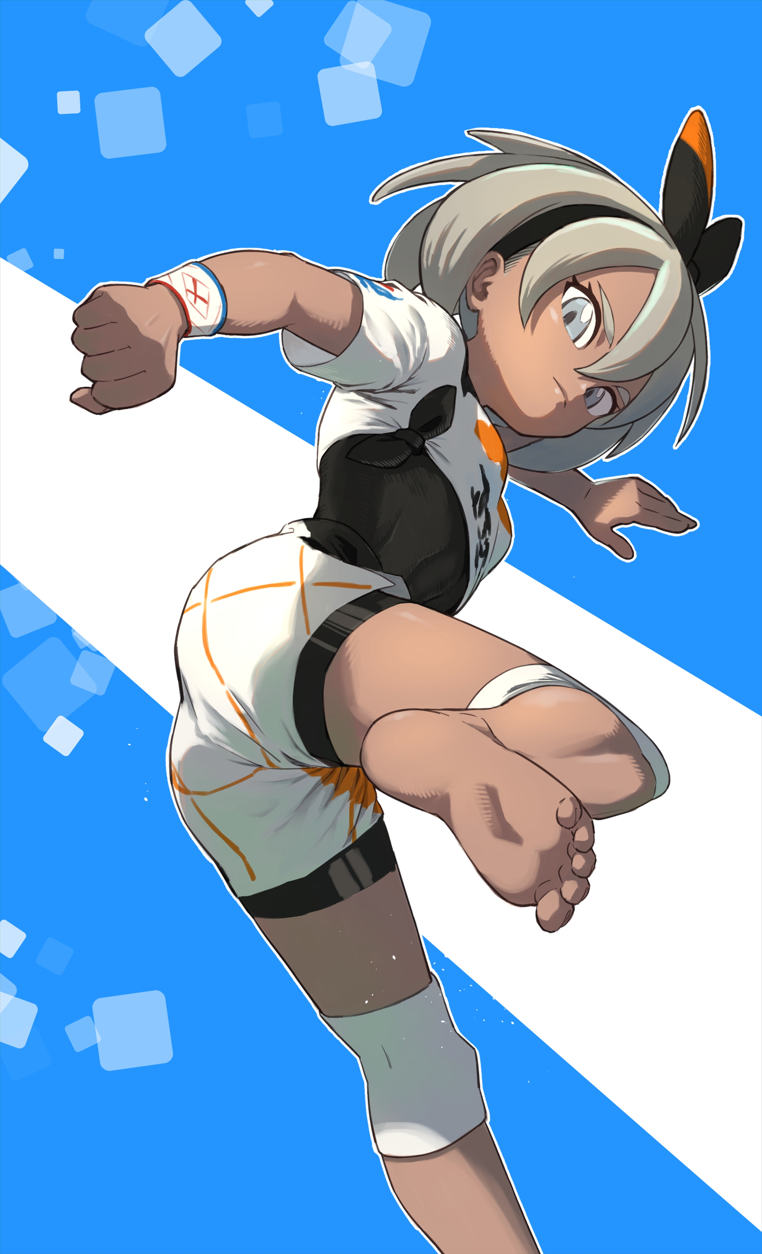 iroiro yaru hito, bea (pokemon), nintendo, pokemon, pokemon swsh, absurdres, commentary, highres, 1girl, barefoot, black bodysuit, black hairband, blonde hair, bodysuit, bodysuit under clothes, bow hairband, clenched hand, closed mouth, dynamax band, eyelashes, feet, foot out of frame, grey eyes, hair between eyes, hairband, knee pads, leg up, looking at viewer, print shirt, shirt, short hair, short sleeves, shorts, soles, solo, tied shirt, toes, white shirt, white shorts