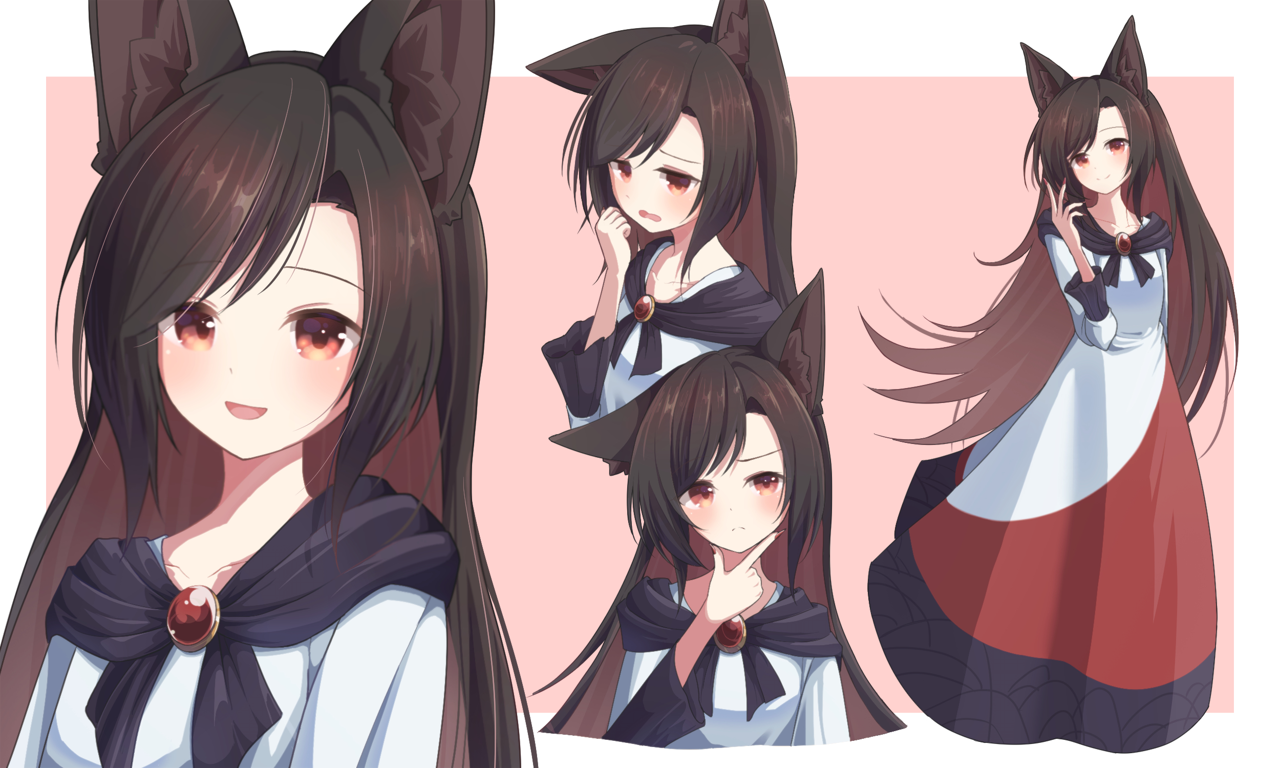 ocooco, imaizumi kagerou, touhou, commentary, highres, 1girl, animal ear fluff, animal ears, blush, brooch, brown hair, closed mouth, dress, jewelry, long hair, long sleeves, looking at viewer, multiple expressions, multiple views, open mouth, red dress, red eyes, tail, very long hair, white dress, wolf ears, wolf girl, wolf tail