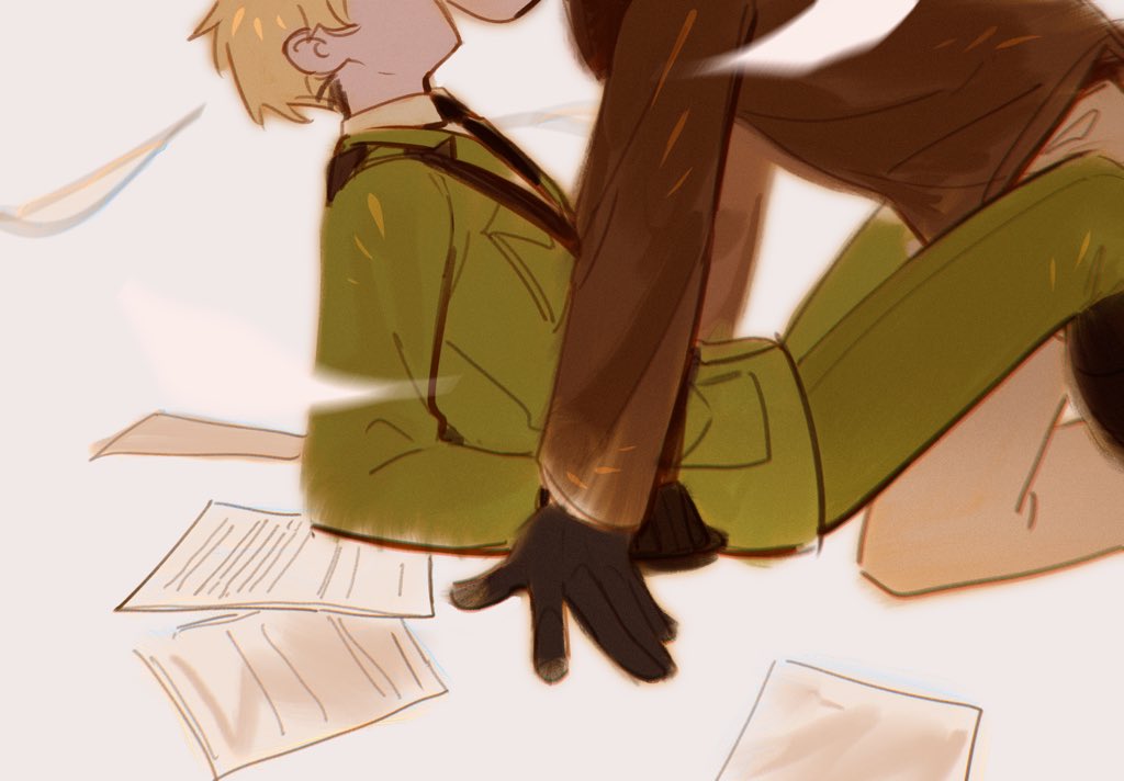 rrrrrrrrrrrou1, america (hetalia), united kingdom (hetalia), axis powers hetalia, 2boys, black boots, black gloves, black necktie, blonde hair, boots, breast pocket, brown jacket, brown pants, collared shirt, fur-trimmed jacket, fur trim, gloves, green jacket, green pants, jacket, kiss, lapels, long sleeves, male focus, military, military jacket, military uniform, multiple boys, necktie, pants, paper, pocket, seiza, shirt, short hair, simple background, sitting, white background, white shirt, yaoi