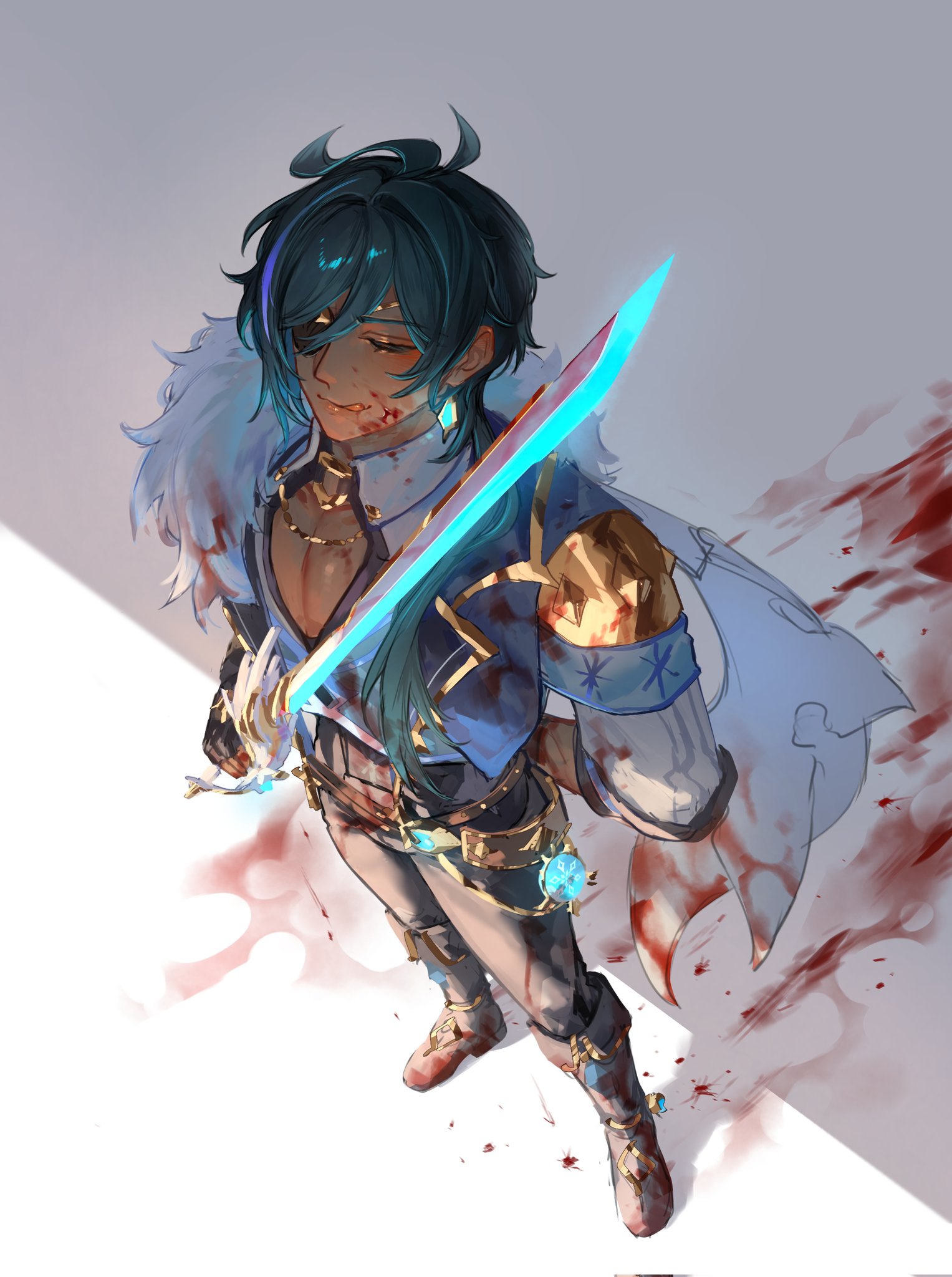 zehuij, kaeya (genshin impact), genshin impact, commentary request, highres, weapon request, 1boy, :q, blood, blood on clothes, blood on ground, blue hair, closed eyes, closed mouth, eyepatch, from above, full body, hair between eyes, holding, holding weapon, invisible floor, long hair, male focus, pectoral cleavage, pectorals, solo, tongue, tongue out, weapon