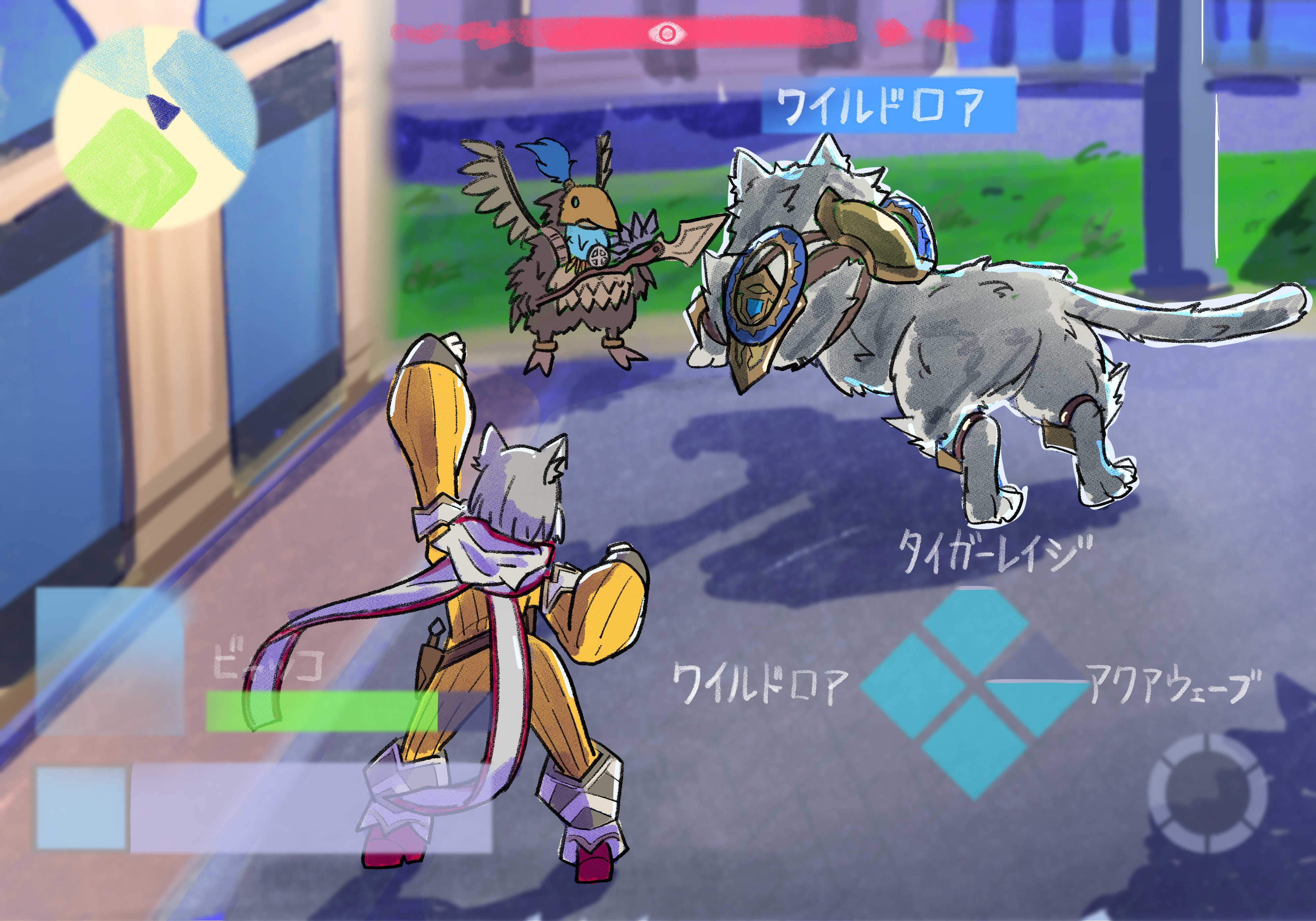 fukkatsu saisei kaijin, dromarch (xenoblade), nia (xenoblade), nintendo, pokemon, pokemon legends: z-a, xenoblade chronicles (series), xenoblade chronicles 2, absurdres, highres, 1girl, animal ears, arm up, bodysuit, cat ears, cat girl, gameplay mechanics, grey hair, health bar, minimap, user interface, yellow bodysuit