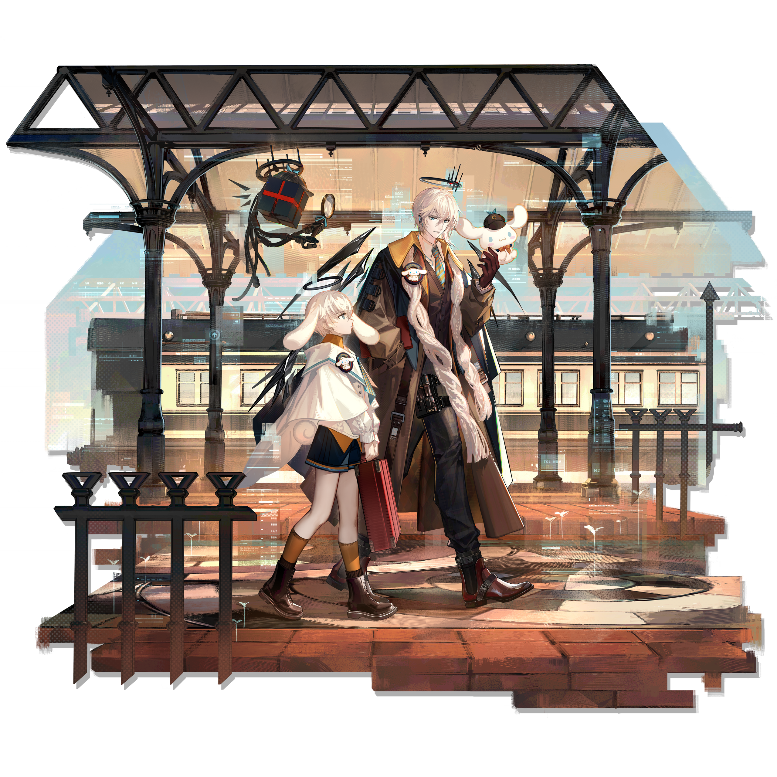 skade, cinnamoroll, executor (arknights), executor (young) (arknights), executor the ex foedere (arknights), arknights, fuwa fuwa cinnamoroll, sanrio, curled tail, absurdres, highres, third-party source, 2boys, angel, animal ears, aqua eyes, aqua necktie, black halo, black wings, blonde hair, blue shorts, boots, bow, bowtie, braided scarf, brown boots, brown coat, brown gloves, brown hat, brown pants, brown shoes, brown vest, buttons, character pin, checkered clothes, checkered pants, coat, collared shirt, detached wings, detective, diagonal-striped clothes, diagonal-striped necktie, dog ears, dog tail, dual persona, earpiece, executor the ex foedere (the train runner) (arknights), full body, gloves, hair between eyes, halo, hand in pocket, hat, holding, holding magnifying glass, holding suitcase, holster, looking at another, magnifying glass, monk shoes, multiple boys, necktie, open clothes, open coat, orange bow, orange bowtie, orange necktie, orange socks, outdoors, pants, parted lips, scarf, shawl, shirt, shoe belt, shoes, short hair, shorts, socks, striped clothes, suitcase, sweater, tail, thigh holster, time paradox, train, train station, transparent background, vest, waistcoat, walking, white scarf, white shawl, white shirt, white sweater, wings
