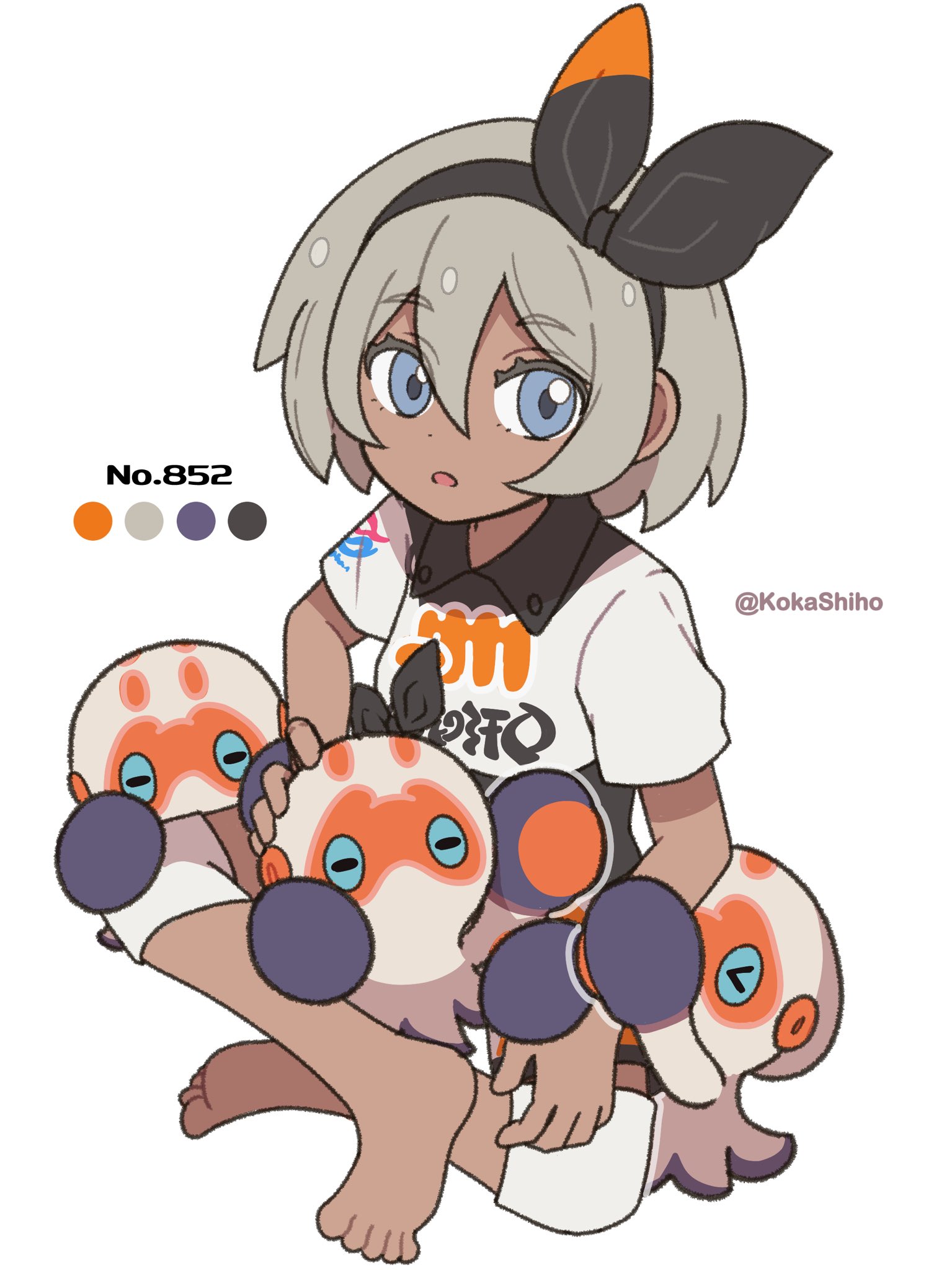 kokashiho, bea (pokemon), clobbopus, nintendo, pokemon, pokemon swsh, highres, mixed-language commentary, 1girl, barefoot, black hairband, blue eyes, bow hairband, collared shirt, color guide, eyelashes, feet, gen 8 pokemon, grey hair, hair between eyes, hairband, knee pads, looking up, medium hair, on lap, open mouth, pokemon (creature), pokemon on lap, print shirt, shirt, short sleeves, simple background, sitting, toes, twitter username, white background, white shirt