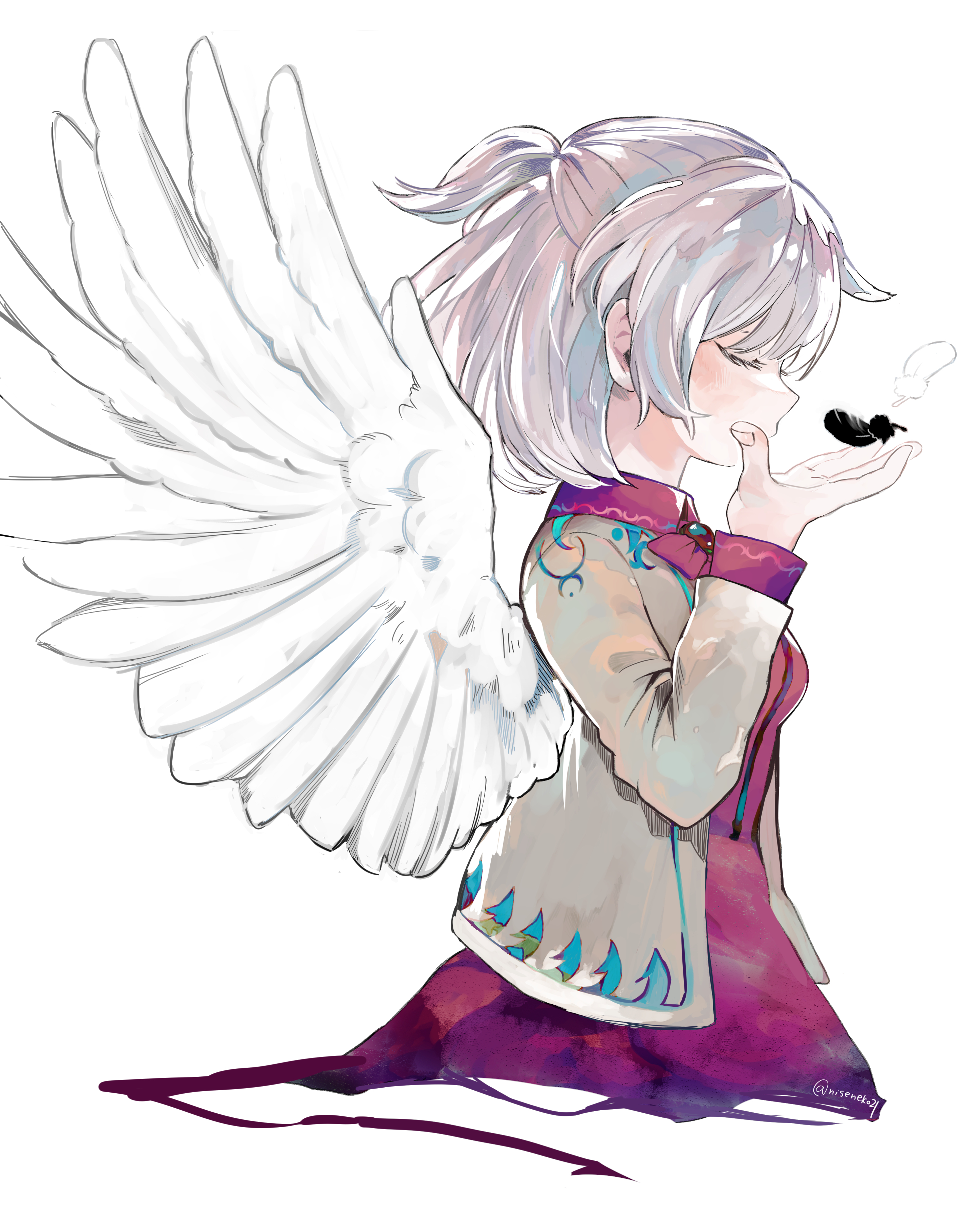 niseneko (mofumofu ga ienai), kishin sagume, touhou, absurdres, commentary request, highres, 1girl, black feathers, bow, bowtie, breasts, closed eyes, dress, feathered wings, feathers, grey hair, jacket, long sleeves, medium hair, open clothes, open jacket, purple dress, single wing, solo, twitter username, white wings, wings