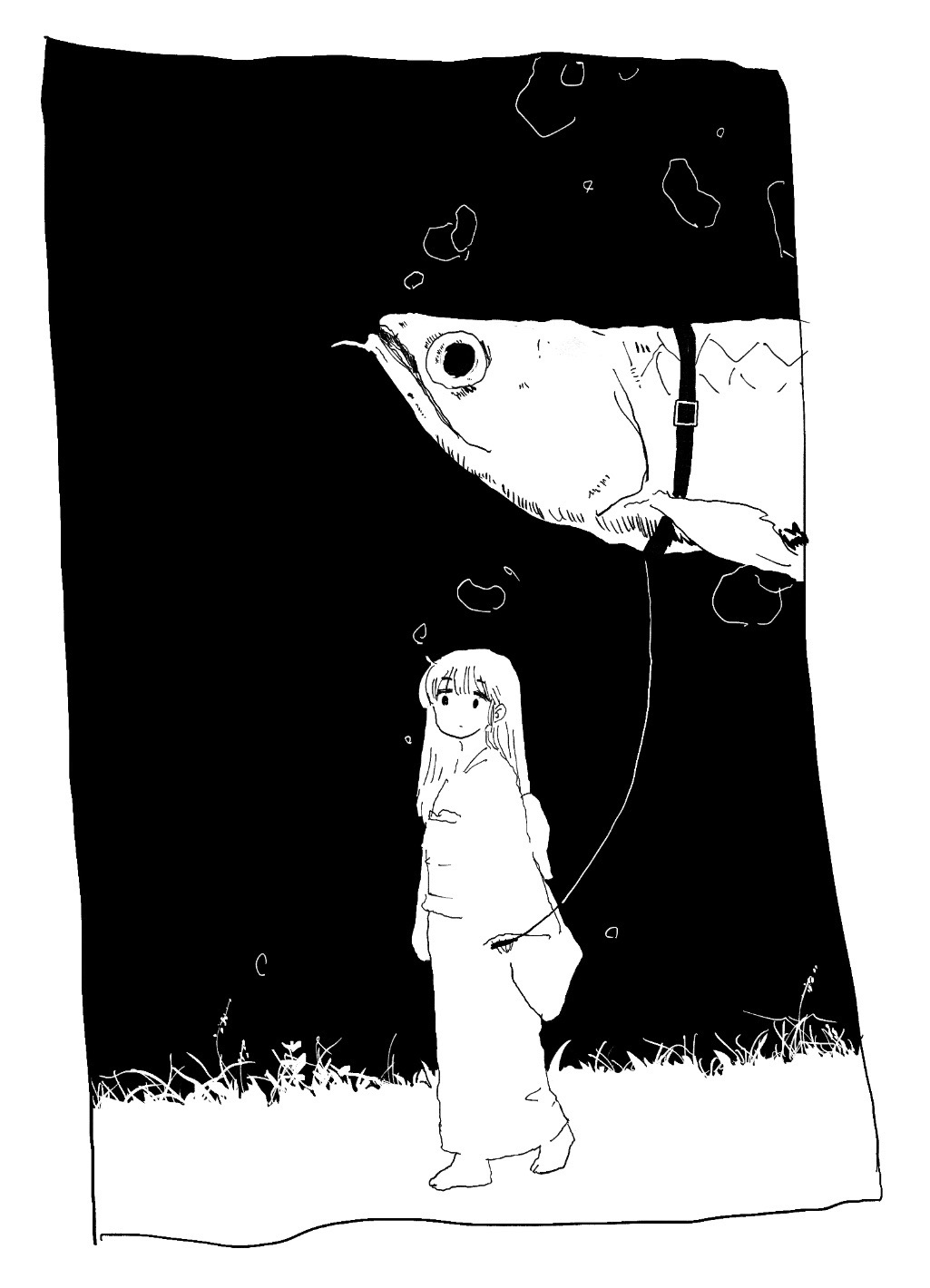 hamasmi, original, commentary request, highres, 1girl, air bubble, animal, animal collar, arms at sides, barefoot, border, bubble, closed mouth, collar, expressionless, fish, flying fish, grass, greyscale, holding, holding leash, japanese clothes, kimono, leash, long hair, long sleeves, looking at viewer, monochrome, night, obi, outdoors, oversized animal, pet walking, sash, solo, surreal, walking, wide shot