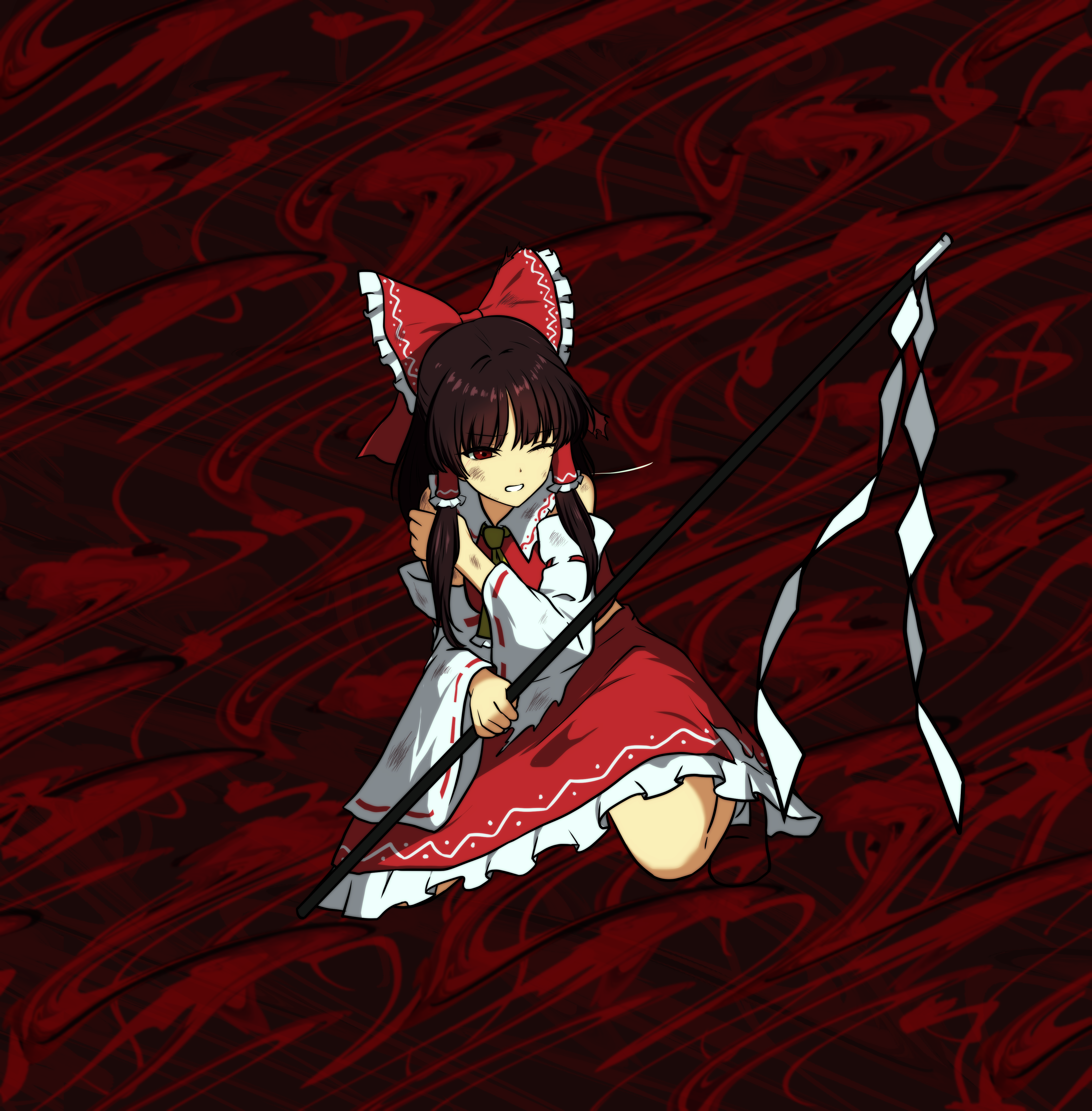 monadmandara, hakurei reimu, fossilized wonders, touhou, absurdres, commentary request, highres, 1girl, ascot, bow, brown hair, clenched teeth, detached sleeves, frilled bow, frilled hair tubes, frilled skirt, frills, gohei, hair bow, hair tubes, holding, holding gohei, long hair, one eye closed, red bow, red eyes, red skirt, ribbon-trimmed sleeves, ribbon trim, scratches, skirt, skirt set, solo, teeth, yellow ascot