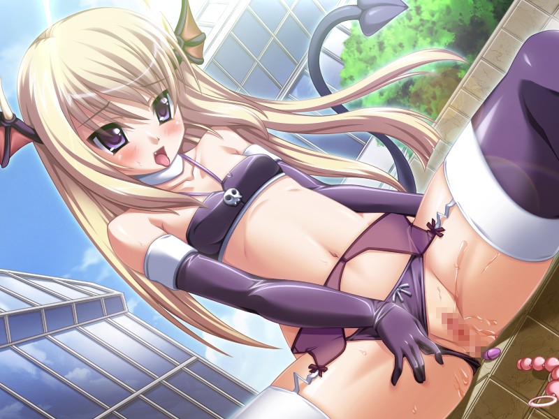 hikage eiji, nise kyoushi ~seikatsu shidou adv~, nomad (company), character request, game cg, 1girl, anal beads, bare shoulders, blonde hair, blush, breasts, censored, collarbone, demon, demon girl, elbow gloves, fang, garter belt, gloves, head wings, light rays, loli, long hair, midriff, navel, purple eyes, purple gloves, purple thighhighs, pussy, sex toy, sitting, small breasts, sunbeam, sunlight, tail, thighhighs, tongue, tongue out, vibrator, wings