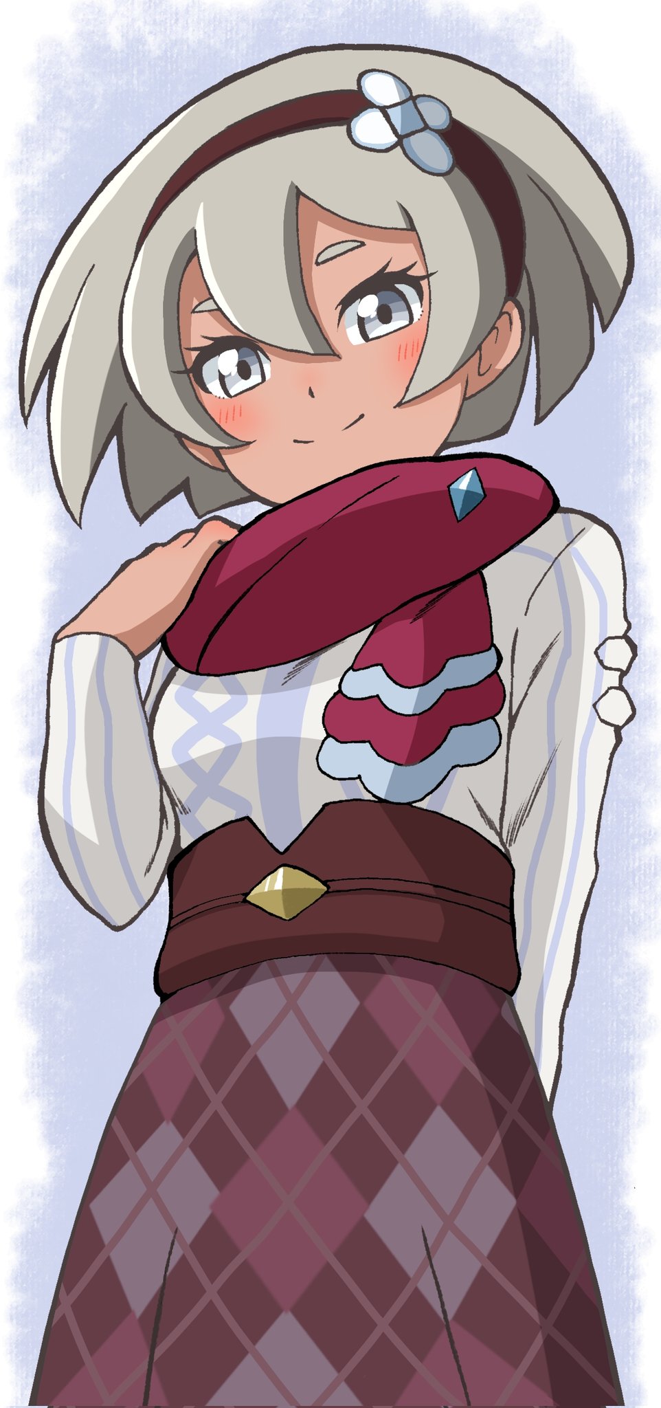 emapippi, bea (palentine's 2022) (pokemon), bea (pokemon), nintendo, pokemon, pokemon masters ex, highres, 1girl, blush, brown hairband, brown skirt, closed mouth, eyelashes, grey background, grey eyes, grey hair, hair between eyes, hairband, hand up, happy, long sleeves, looking down, official alternate costume, red scarf, scarf, shirt, short hair, skirt, smile, solo, split mouth, white shirt
