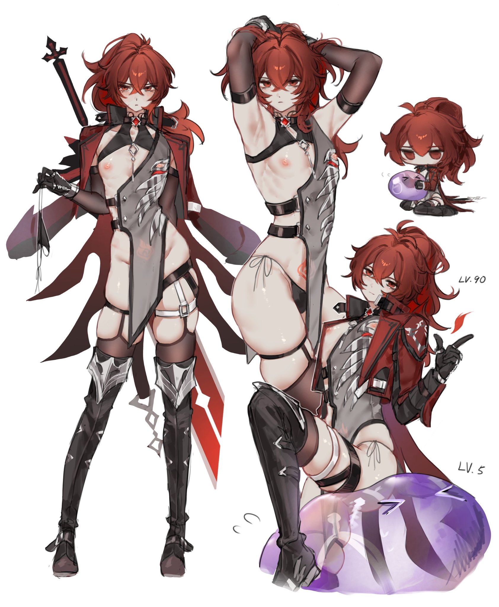 zehuij, diluc (genshin impact), genshin impact, commentary request, highres, 1boy, alternate costume, armpits, arms up, black panties, closed mouth, crossdressing, crossdressing (mtf), detached sleeves, full body, holding, holding panties, holding underwear, holding unworn clothes, long hair, male focus, multiple views, nipple cutout, nipples, panties, red eyes, red hair, revealing clothes, ribs, side-tie panties, simple background, skindentation, slime (creature), thighhighs, thighs, thong, underwear, unworn panties, white background