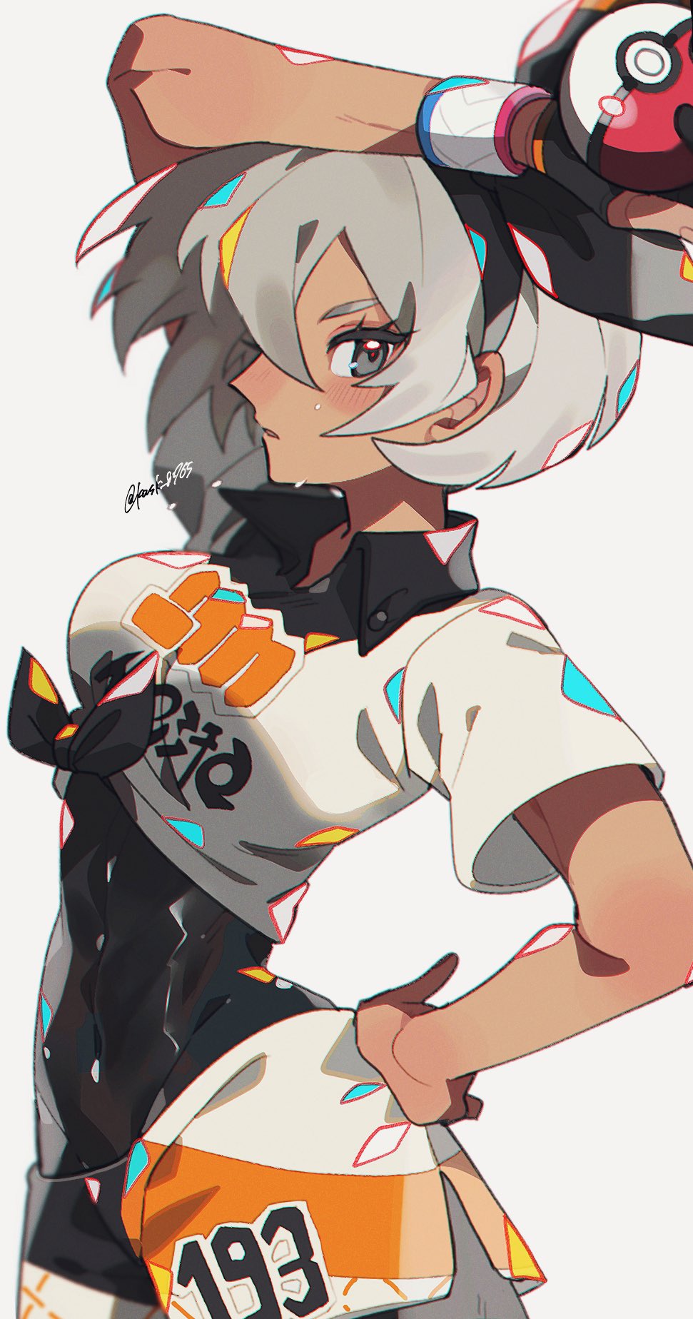 kawasaki (kwsk 8765), bea (pokemon), nintendo, pokemon, pokemon swsh, commentary request, highres, 1girl, arm up, black bodysuit, blush, bodysuit, bodysuit under clothes, breasts, collared shirt, covered abs, dynamax band, eyelashes, gloves, grey eyes, grey hair, hand on own hip, holding, holding poke ball, looking at viewer, poke ball, poke ball (basic), print shirt, print shorts, shirt, short sleeves, shorts, sideways glance, simple background, single glove, solo, tied shirt, twitter username, white background, white shirt