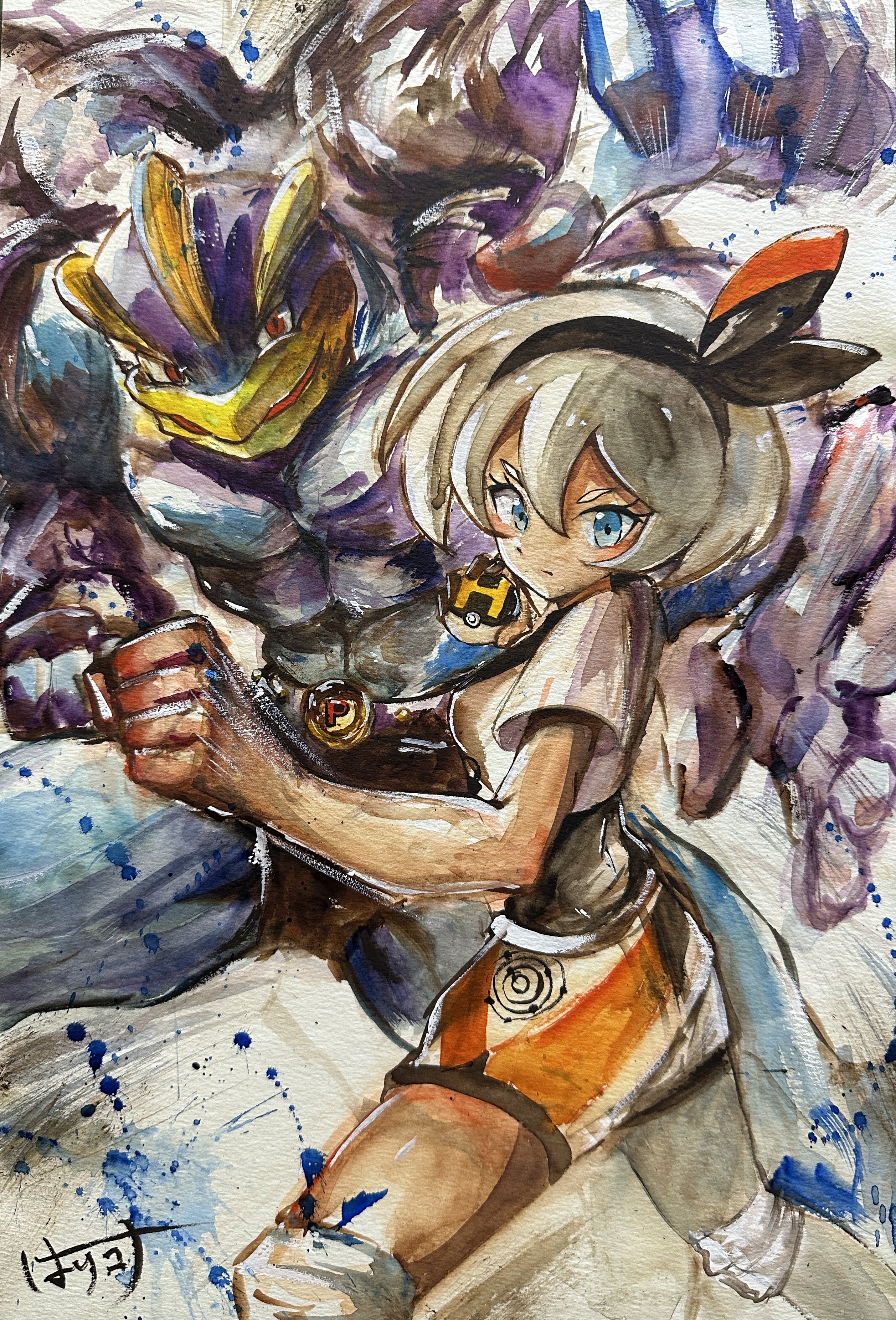 harikona, bea (pokemon), machamp, nintendo, pokemon, pokemon swsh, absurdres, commentary request, highres, painting (medium), traditional media, watercolor (medium), 1girl, black hair, blonde hair, blue eyes, bow hairband, clenched hand, closed mouth, eyelashes, gen 1 pokemon, gloves, hairband, hands up, holding, holding poke ball, knee pads, partially fingerless gloves, poke ball, pokemon (creature), print shorts, shirt, short hair, short sleeves, shorts, signature, single glove, squatting, ultra ball