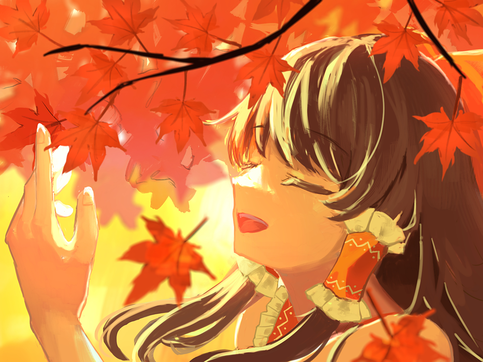 marisuku, hakurei reimu, touhou, commentary request, highres, 1girl, autumn leaves, bow, brown hair, closed eyes, falling leaves, frilled hair tubes, frills, hair bow, hair tubes, leaf, long hair, maple leaf, open mouth, red bow, smile, solo