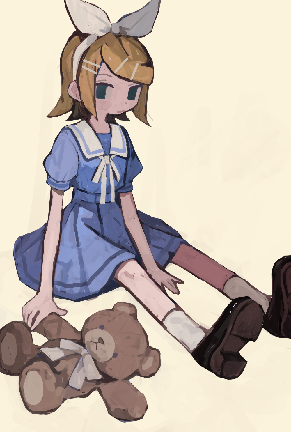 s1ho (ukiy0u0), kagamine rin, vocaloid, highres, 1girl, blonde hair, blue dress, brown shoes, dress, looking at viewer, sailor collar, shoes, short dress, short hair, simple background, sitting, socks, solo, stuffed animal, stuffed toy, teddy bear, white socks