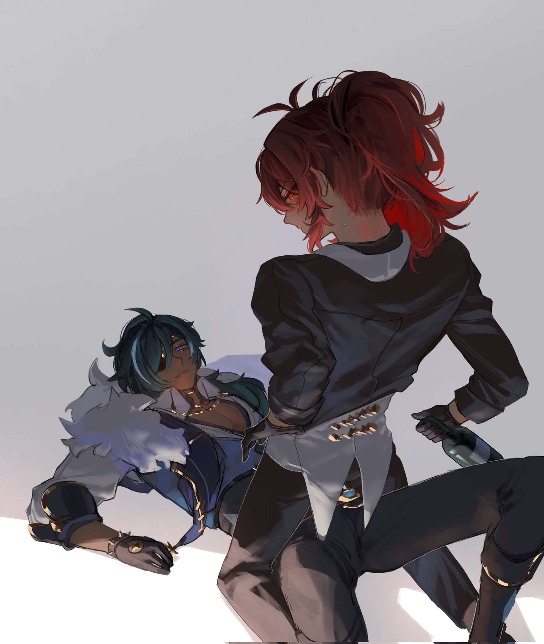 zehuij, diluc (genshin impact), kaeya (genshin impact), genshin impact, corrupted twitter file, highres, 2boys, black gloves, black pants, blue eyes, blue hair, bottle, boy on top, dark-skinned male, dark skin, gloves, holding, holding bottle, inseki, long hair, male focus, multiple boys, pants, pectoral cleavage, pectorals, red eyes, red hair, spiked gloves, wine bottle, yaoi