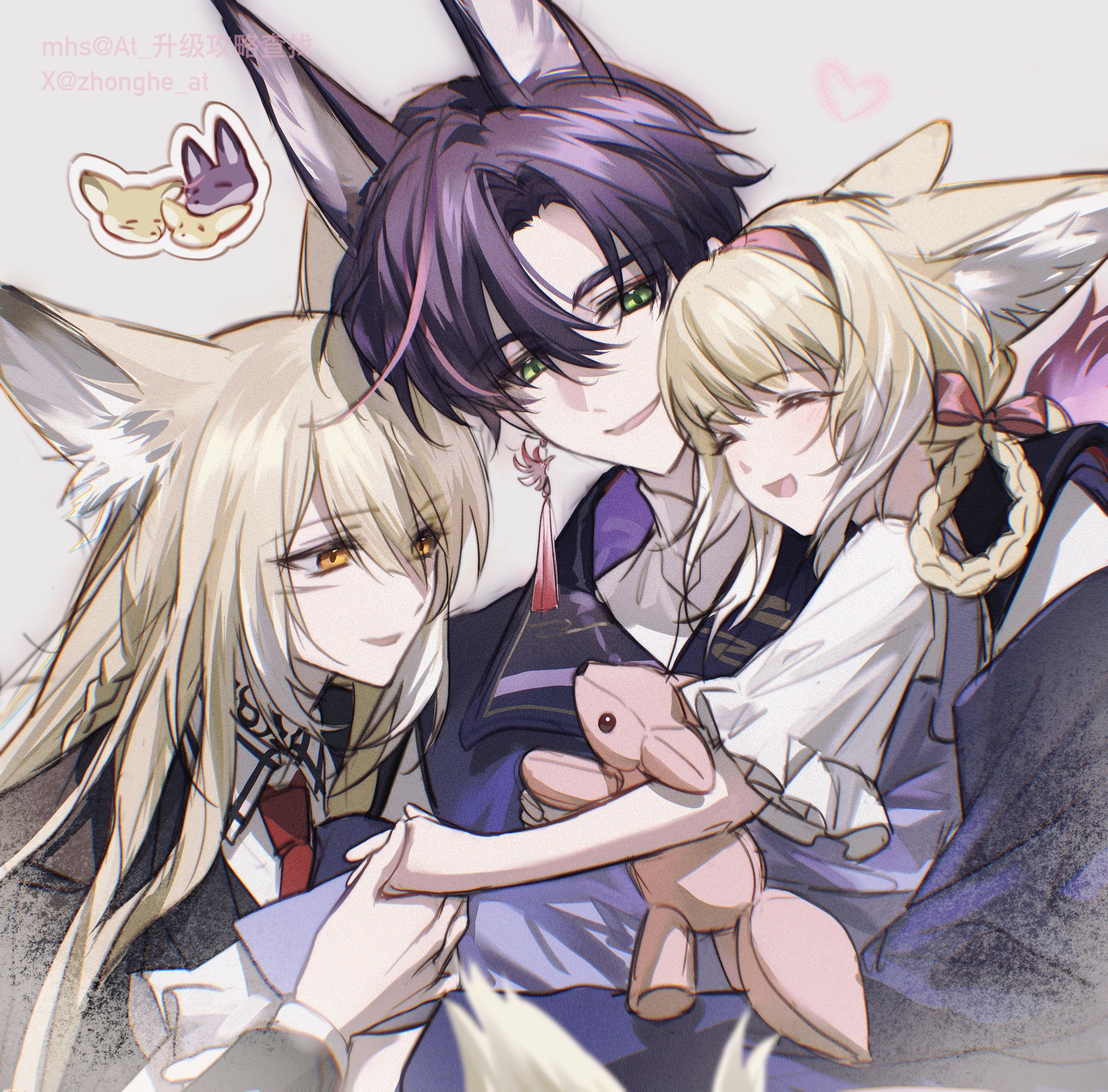 gugulayle, suzuran's father (arknights), suzuran (arknights), vulpisfoglia (arknights), arknights, highres, 1boy, 2girls, animal ears, blonde hair, braid, family, father and daughter, fox ears, fox girl, fox tail, green eyes, husband and wife, kitsune, mother and daughter, multiple girls, stuffed toy, tail
