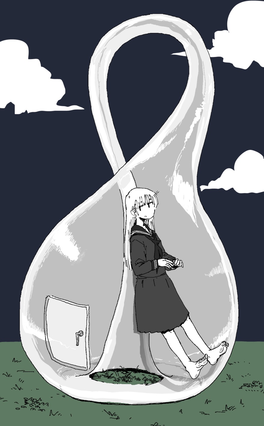 hamasmi, original, commentary request, highres, 1girl, against glass, barefoot, black neckerchief, black serafuku, black sky, bottle, cloud, grass, hatch, in bottle, in container, klein bottle, long hair, long sleeves, looking at viewer, looking to the side, neckerchief, partially colored, pleated skirt, school uniform, serafuku, shirt, skirt, sky, solo, surreal, wide shot