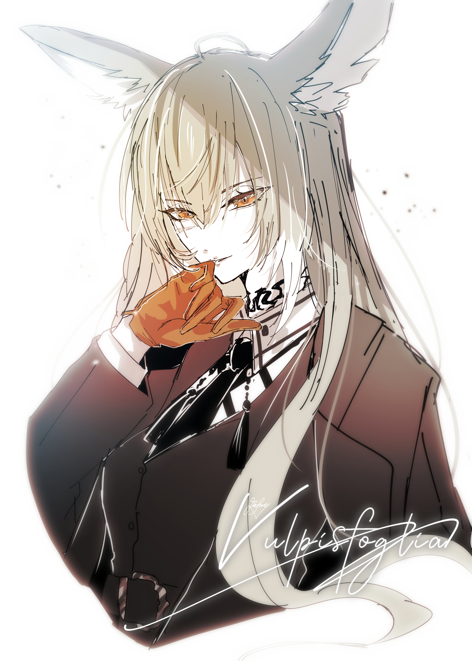 vulpisfoglia (arknights), arknights, highres, 1girl, animal ears, black jacket, black necktie, blonde hair, character name, fox ears, fox girl, gloves, jacket, layered sleeves, long hair, long sleeves, mrok 69, necktie, one-hour drawing challenge, orange eyes, orange gloves, shirt, solo, white background