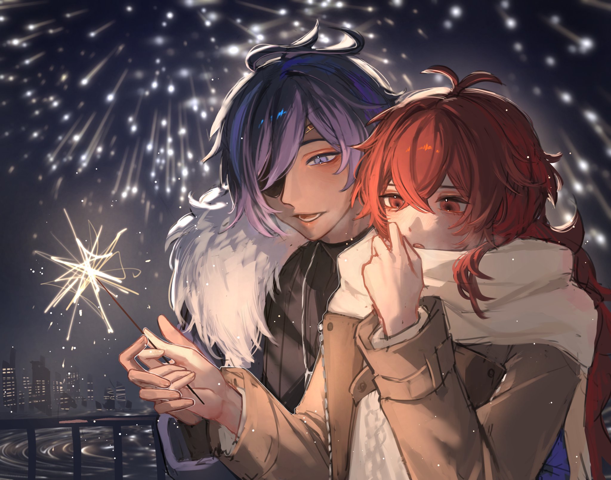 zehuij, diluc (genshin impact), kaeya (genshin impact), genshin impact, commentary request, highres, 2boys, alternate costume, blue eyes, eyepatch, fireworks, hair between eyes, jewelry, long hair, lower teeth only, male focus, multiple boys, necklace, open mouth, red eyes, red hair, teeth, upper body