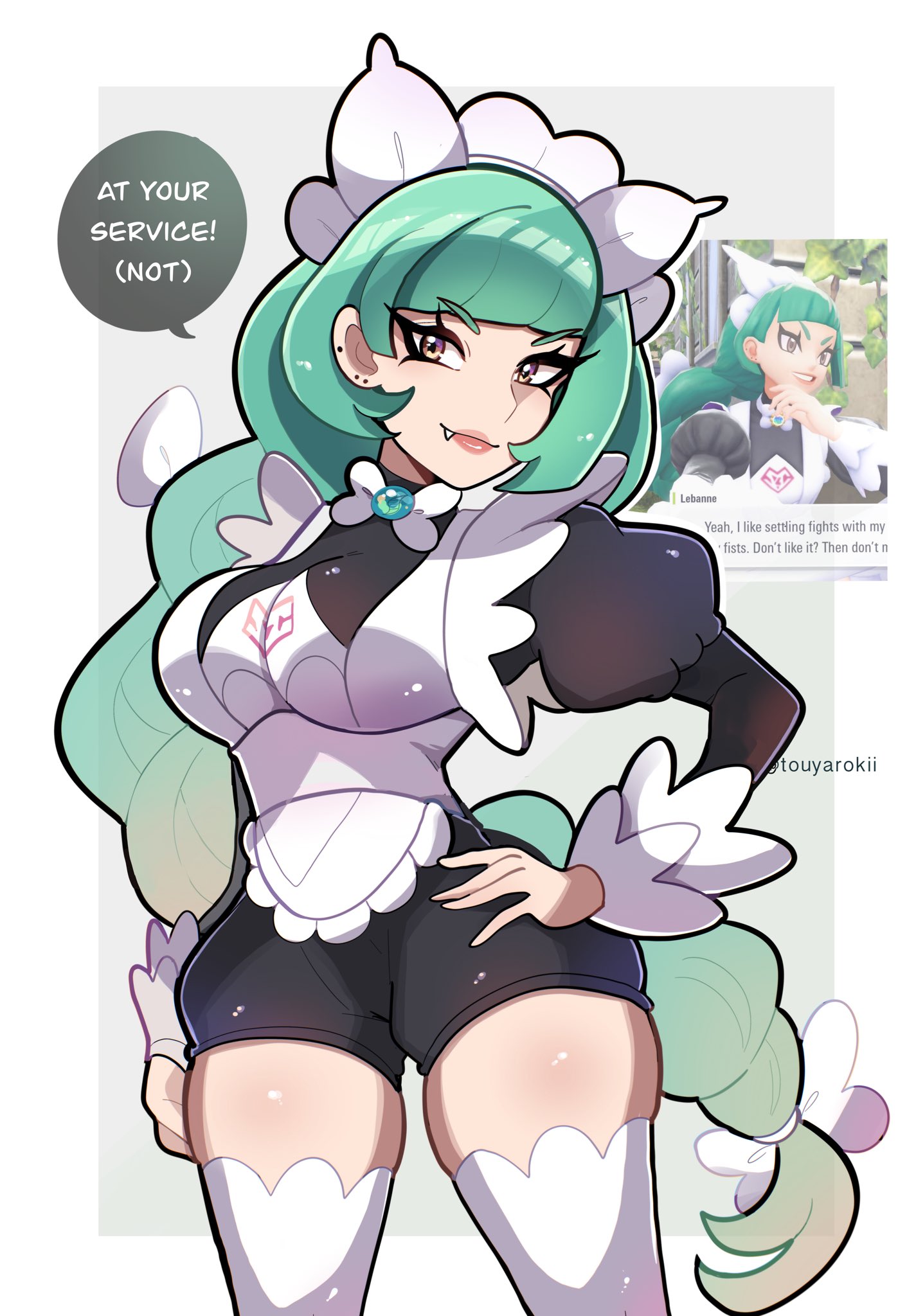 touyarokii, lebanne (pokemon), nintendo, pokemon, pokemon legends: z-a, highres, apron, black romper, bow, braid, braided ponytail, breasts, brown eyes, closed mouth, english text, fang, game screenshot inset, green hair, hair bow, juliet sleeves, large breasts, long braid, long hair, long sleeves, looking at viewer, maid, maid apron, maid headdress, puffy sleeves, romper, single braid, smile, speech bubble, thighhighs, thighs, white thighhighs