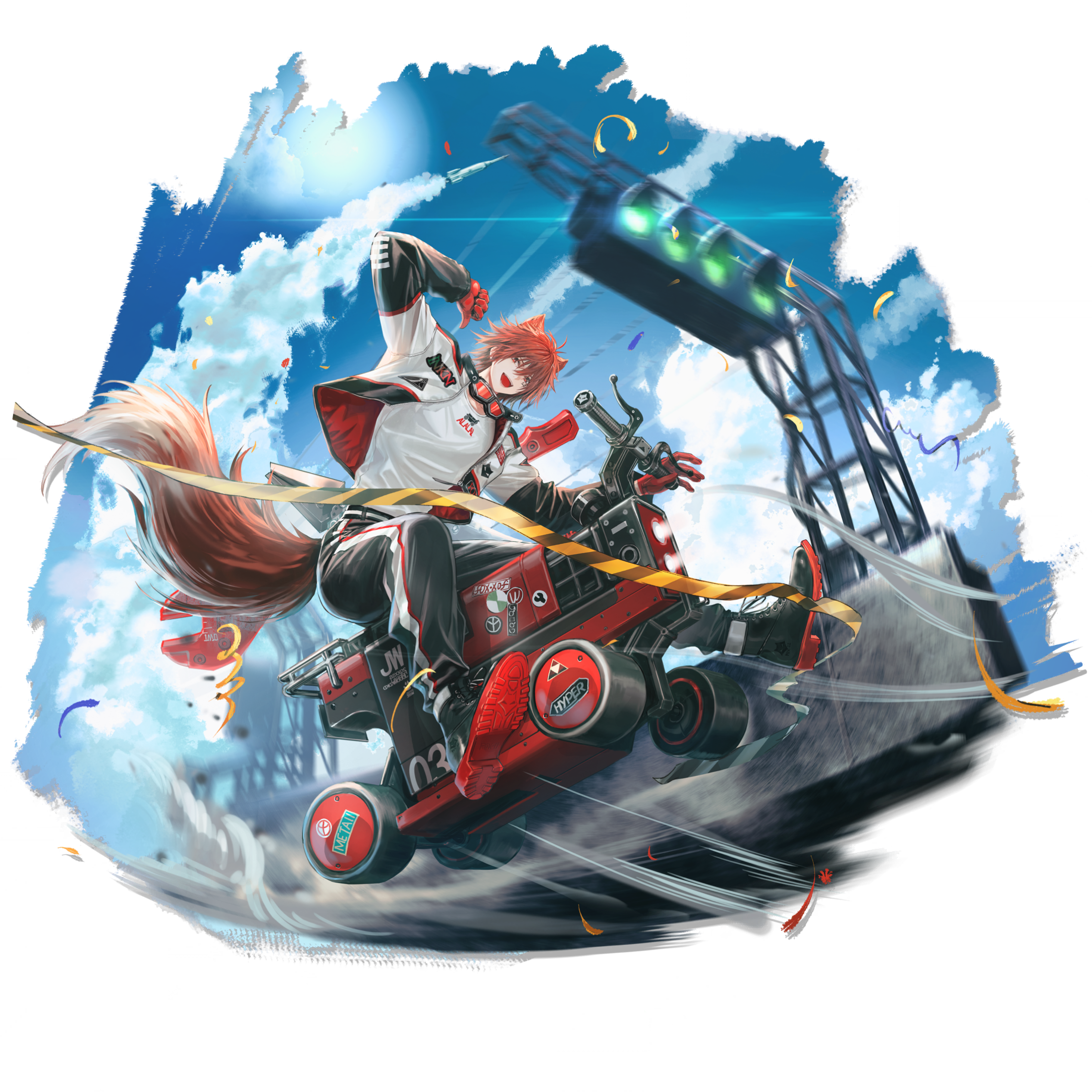 infukun, chiave (arknights), arknights, highres, official art, third-party source, 1boy, animal ears, artist name, belt, black belt, black boots, black jacket, black pants, boots, chiave (one-man racing team) (arknights), cloud, cloudy sky, confetti, cropped jacket, english text, finish line, fox boy, fox ears, fox tail, from below, full body, gloves, goggles, goggles around neck, hair between eyes, jacket, looking at viewer, looking down, motion lines, motor vehicle, multicolored jacket, official alternate costume, open clothes, open jacket, open mouth, pants, pointing, pointing at self, race vehicle, racing suit, red eyes, red gloves, red hair, rhodes island logo (arknights), riding, shirt, sky, smile, smoke, solo, speed lines, sticker, striped belt, striped clothes, striped pants, tail, transparent background, two-tone jacket, white jacket, white shirt, wrench