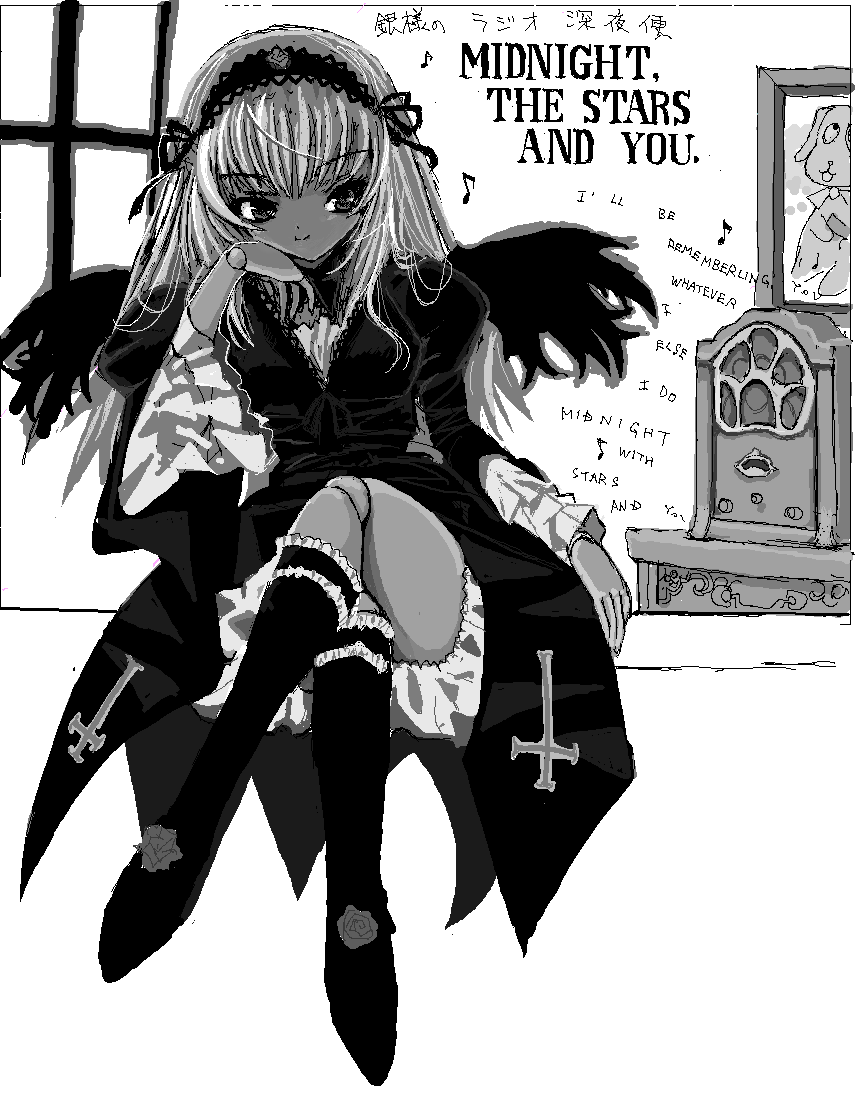 toshi (little-fluffy-cloud), kunkun, suigintou, rozen maiden, translation request, 1girl, antique radio, closed mouth, crossed legs, doll joints, dress, english text, gothic lolita, greyscale, hairband, hand on own chin, joints, juliet sleeves, kneehighs, lolita fashion, lolita hairband, long hair, long sleeves, looking at viewer, monochrome, music, picture frame, puffy sleeves, radio, sitting, smile, socks, solo, wings