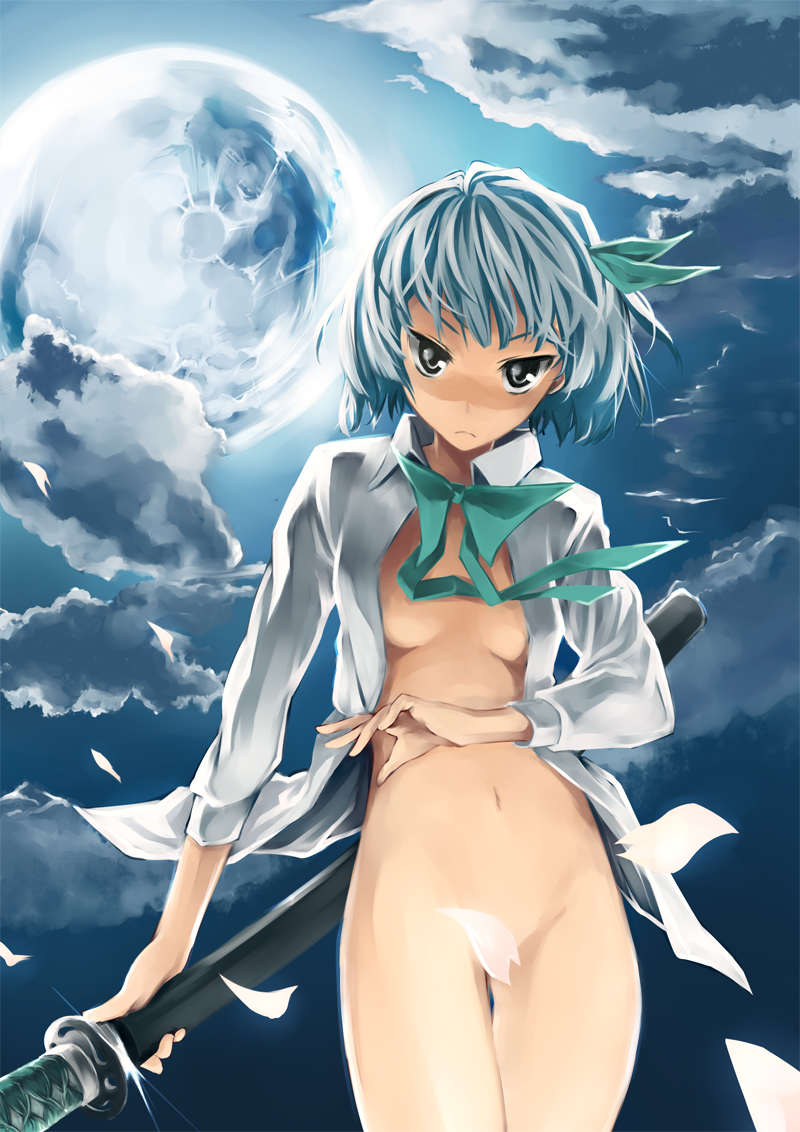 pino (birthdayparty), pino (pixiv), konpaku youmu, touhou, 1girl, blue eyes, bottomless, breasts, censored, convenient censoring, dress shirt, female focus, full moon, hairband, katana, medium breasts, moon, naked shirt, navel, no bra, open clothes, open shirt, petals, ribbon, shirt, short hair, solo, sword, weapon, white hair
