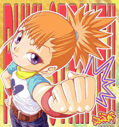 makino ruki, digimon, digimon tamers, jpeg artifacts, lowres, 00s, 1girl, armband, belt, blue eyes, clenched hand, denim, female focus, foreshortening, jeans, orange hair, pants, ponytail, purple eyes, raglan sleeves, short hair, solo