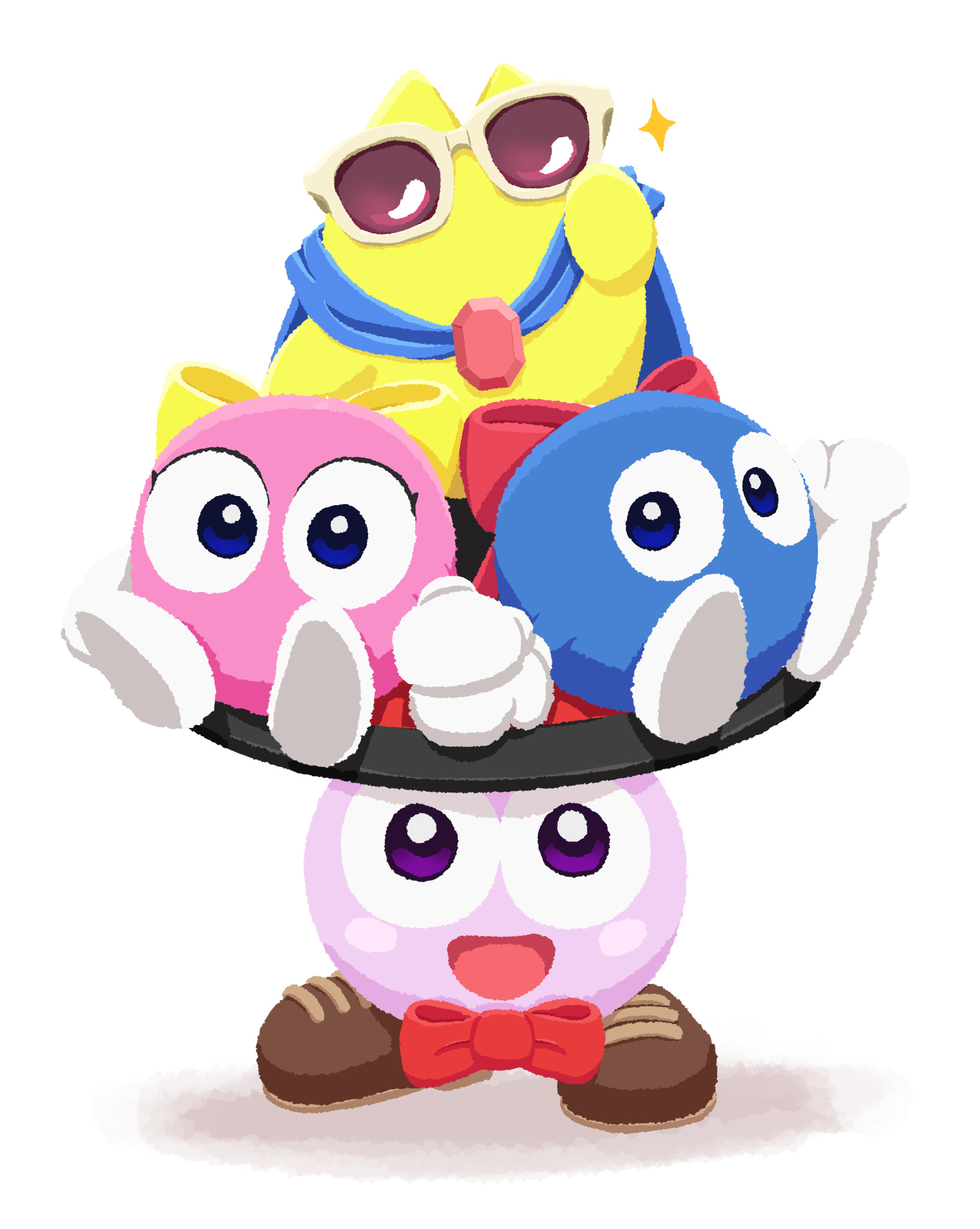 zousui (zousuioishii), lalala (kirby), lololo (kirby), marx (kirby), starman (kirby), kirby (series), kirby air ride, kirby air riders, nintendo, absurdres, highres, blue cape, blue ribbon, blue skin, blush stickers, bow, bowtie, cape, colored skin, gloves, hat, looking at viewer, no humans, pink skin, purple skin, red bow, red bowtie, ribbon, sunglasses, top hat, white gloves, yellow ribbon, yellow skin