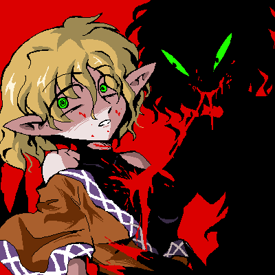 kinoglossia, mizuhashi parsee, touhou, lowres, 1girl, 1other, bare shoulders, blonde hair, blood, blood splatter, brown shirt, constricted pupils, dark persona, dual persona, evil eyes, evil smile, green eyes, looking to the side, oekaki, open mouth, pointy ears, red background, shirt, short hair, sleeveless, sleeveless shirt, smile, undershirt