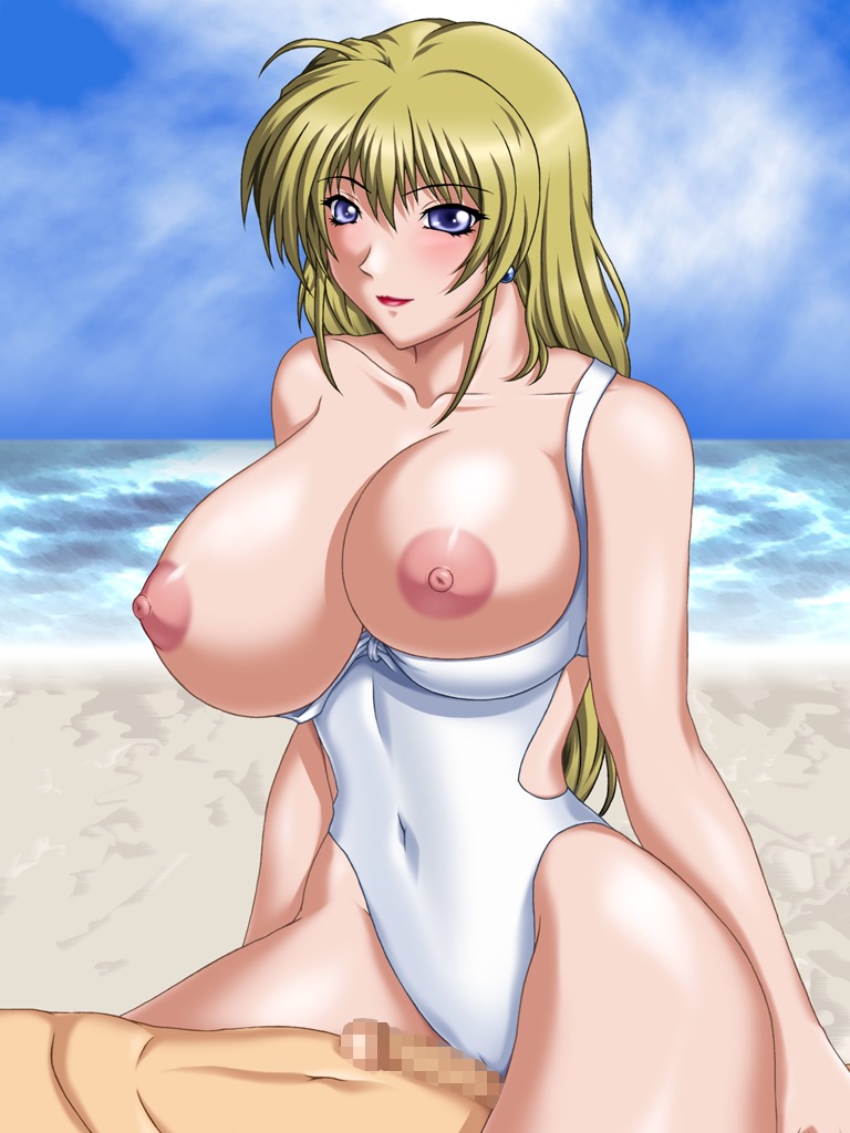 fressange ines, kidou senkan nadesico, tagme, beach, blonde hair, blue eyes, breasts, censored, nipples, ocean, penis, swimsuit